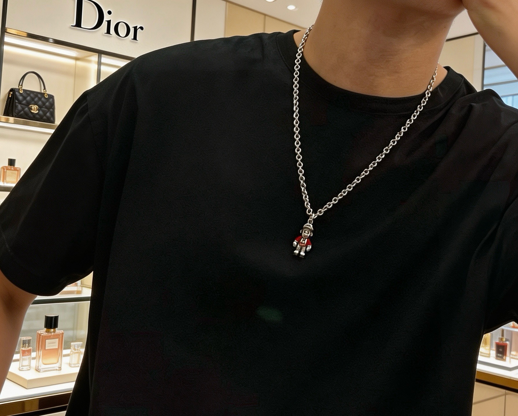 Dior Cartoon Character Pendant Chain Necklace necklace Silver-toned metal with red enamel accents 60cm