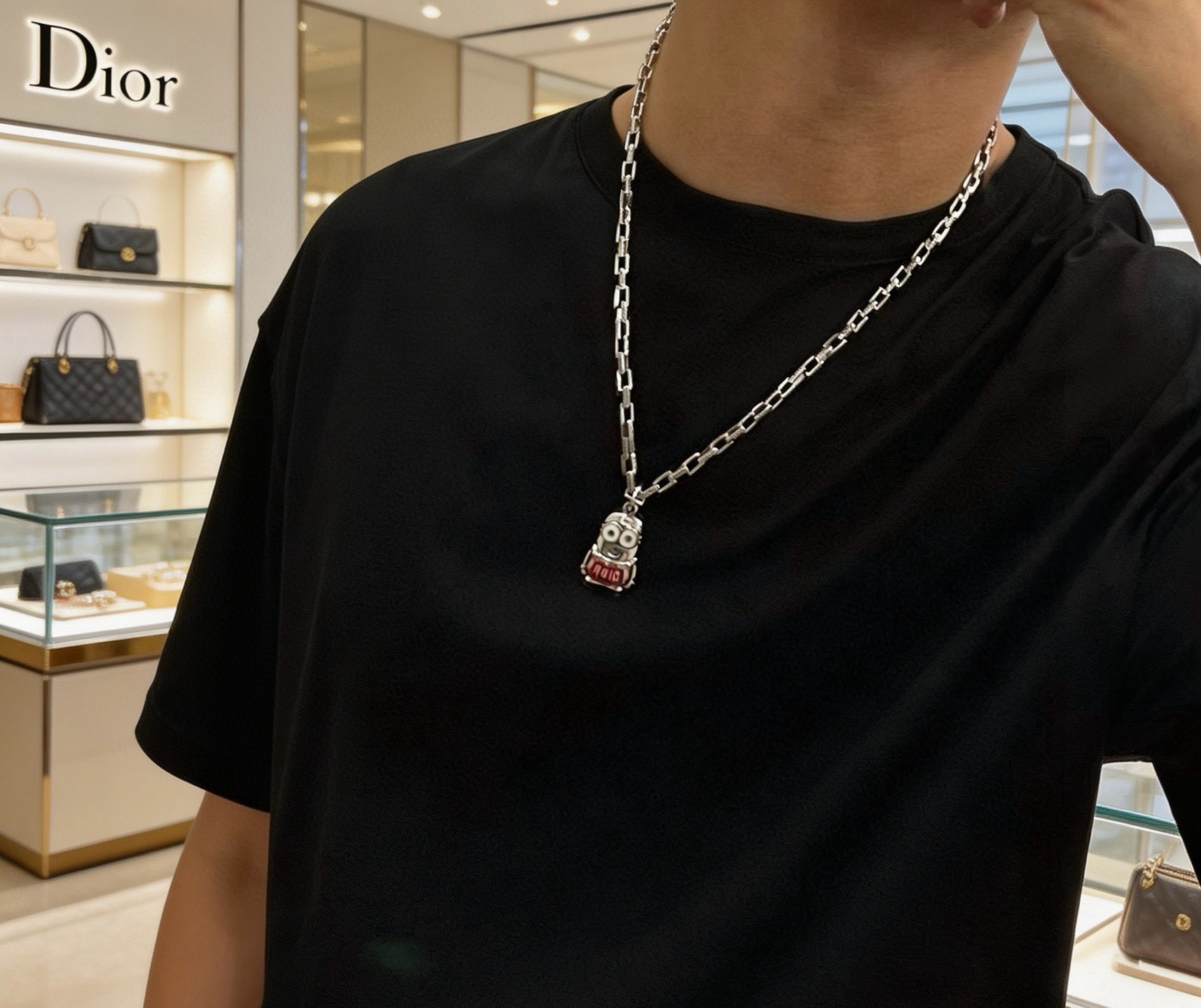 Dior Minions Collaboration Pendant Necklace necklace Silver-toned metal with red enamel and white enamel accents 60cm