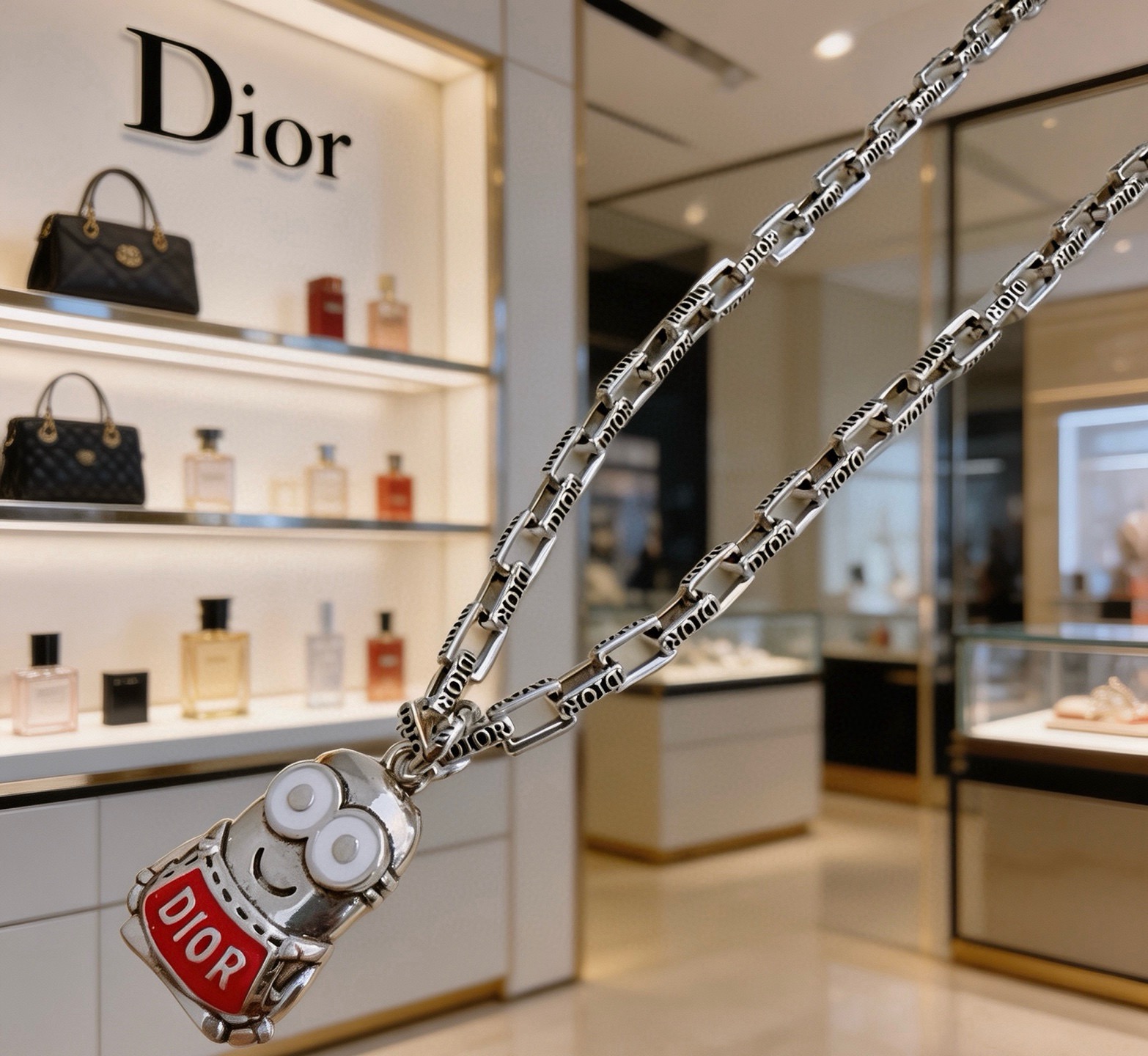 Dior Minions Collaboration Pendant Necklace necklace Silver-toned metal with red enamel and white enamel accents 60cm