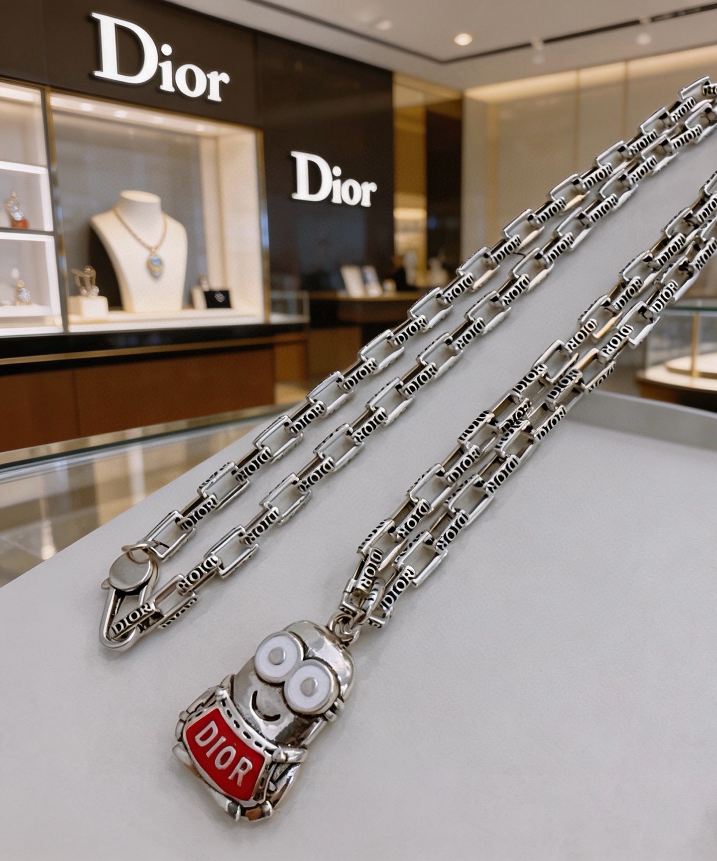 Dior Minions Collaboration Pendant Necklace necklace Silver-toned metal with red enamel and white enamel accents 60cm