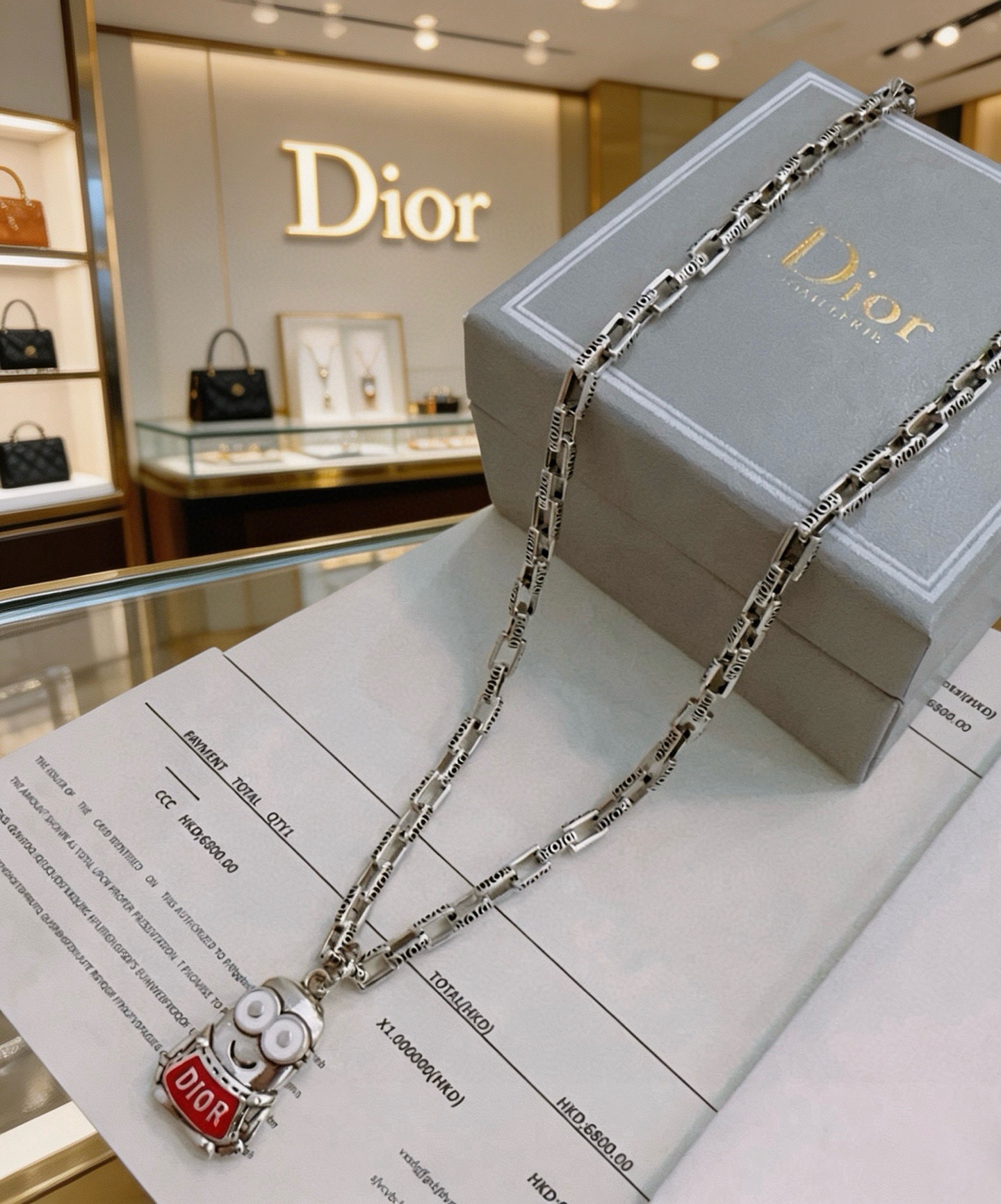Dior Minions Collaboration Pendant Necklace necklace Silver-toned metal with red enamel and white enamel accents 60cm