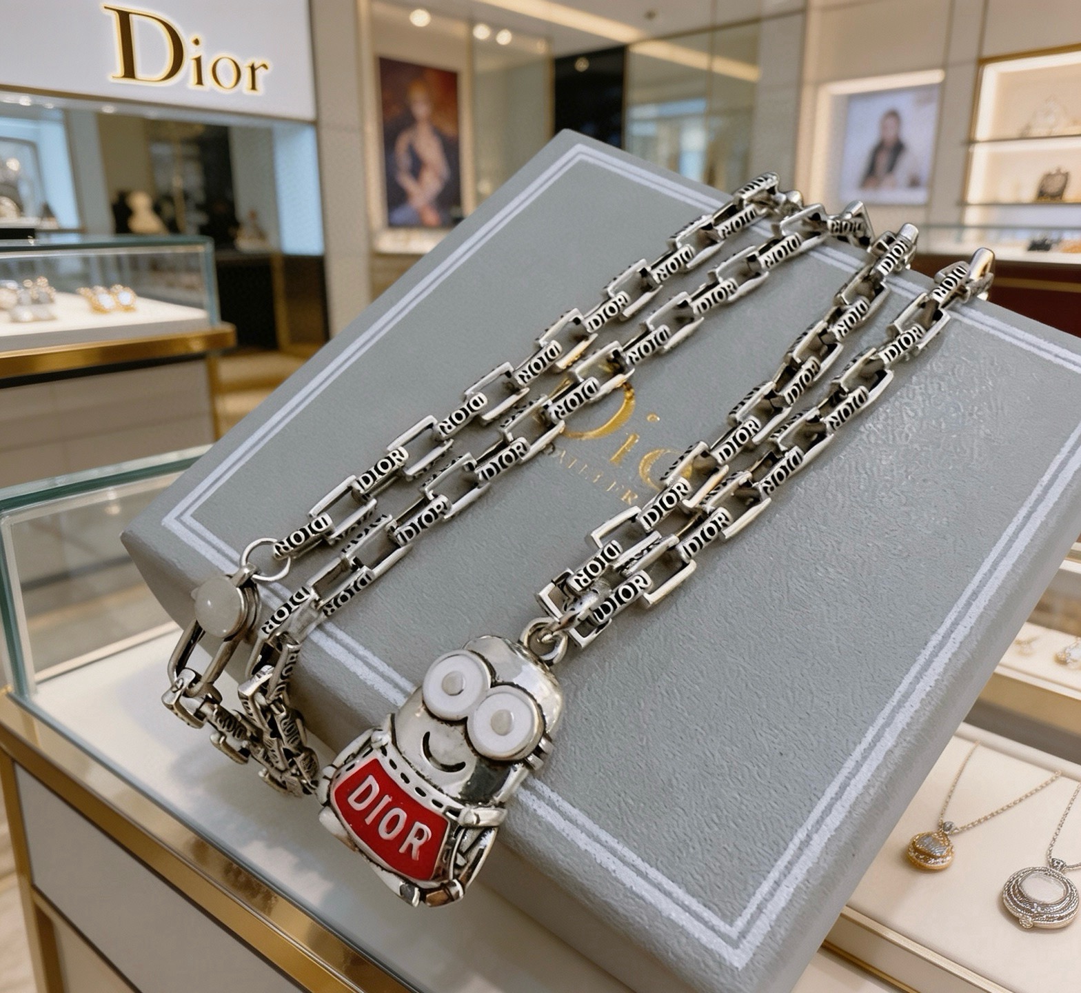 Dior Minions Collaboration Pendant Necklace necklace Silver-toned metal with red enamel and white enamel accents 60cm