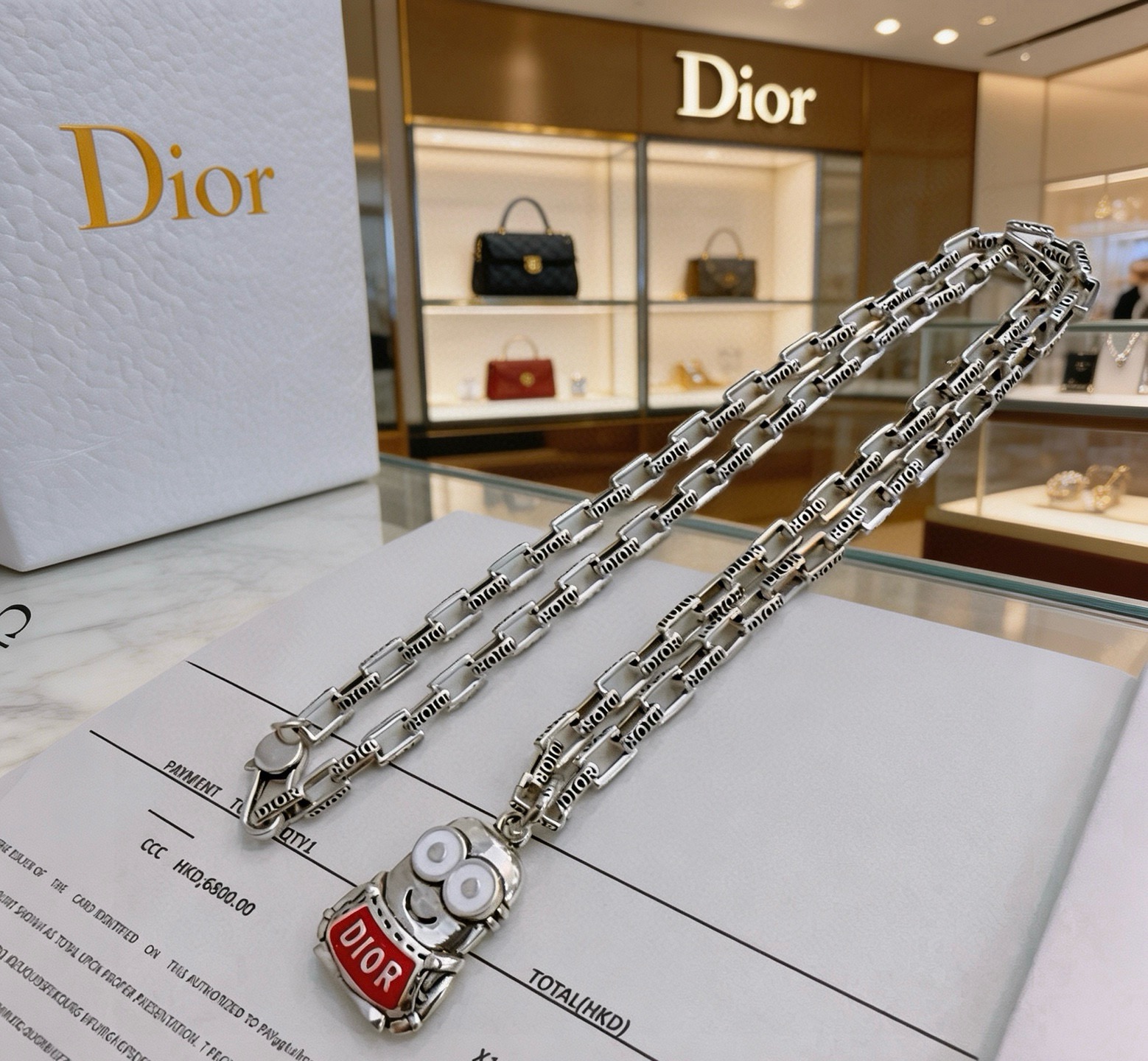 Dior Minions Collaboration Pendant Necklace necklace Silver-toned metal with red enamel and white enamel accents 60cm