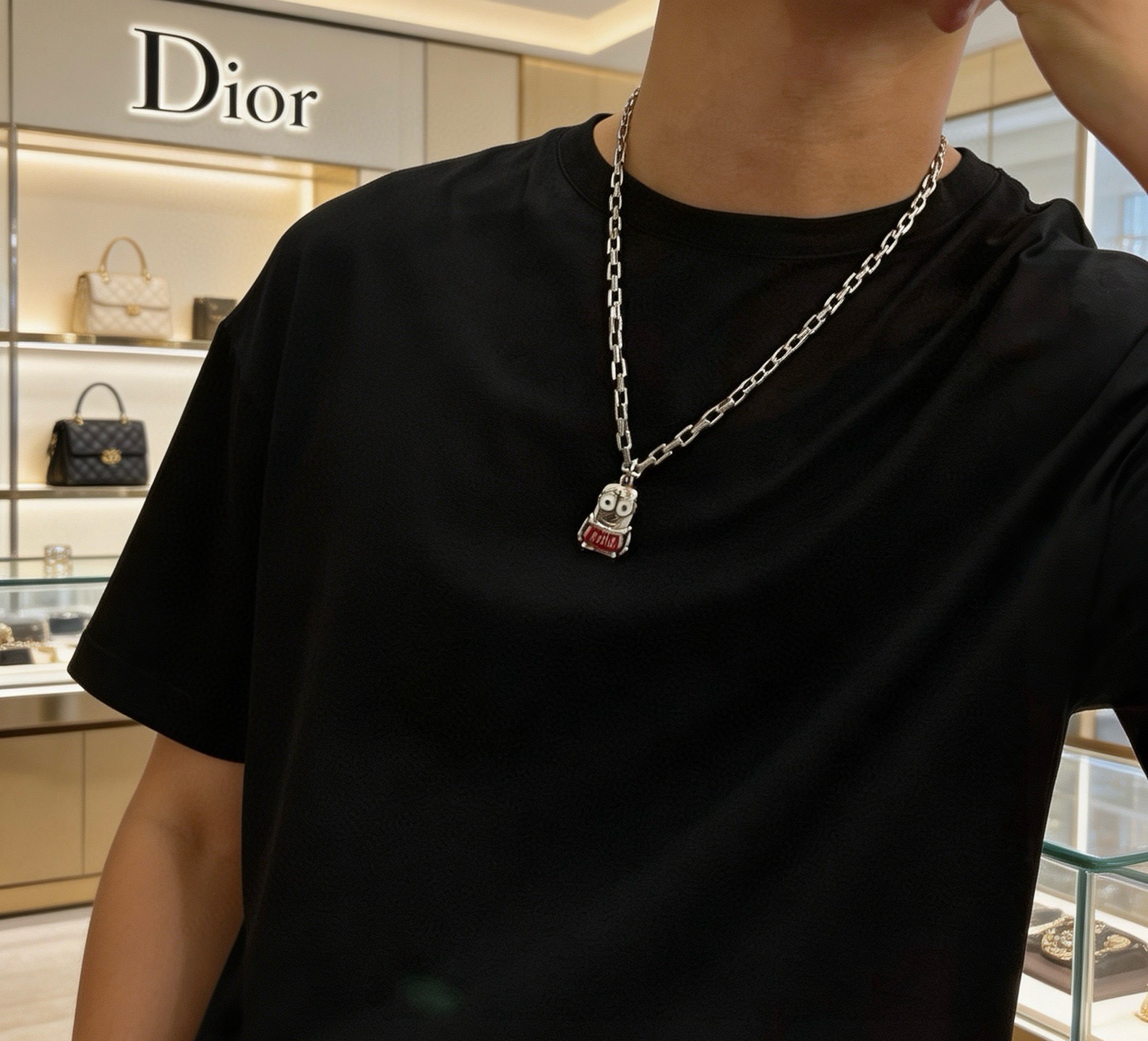 Dior Minions Collaboration Pendant Necklace necklace Silver-toned metal with red enamel and white enamel accents 60cm
