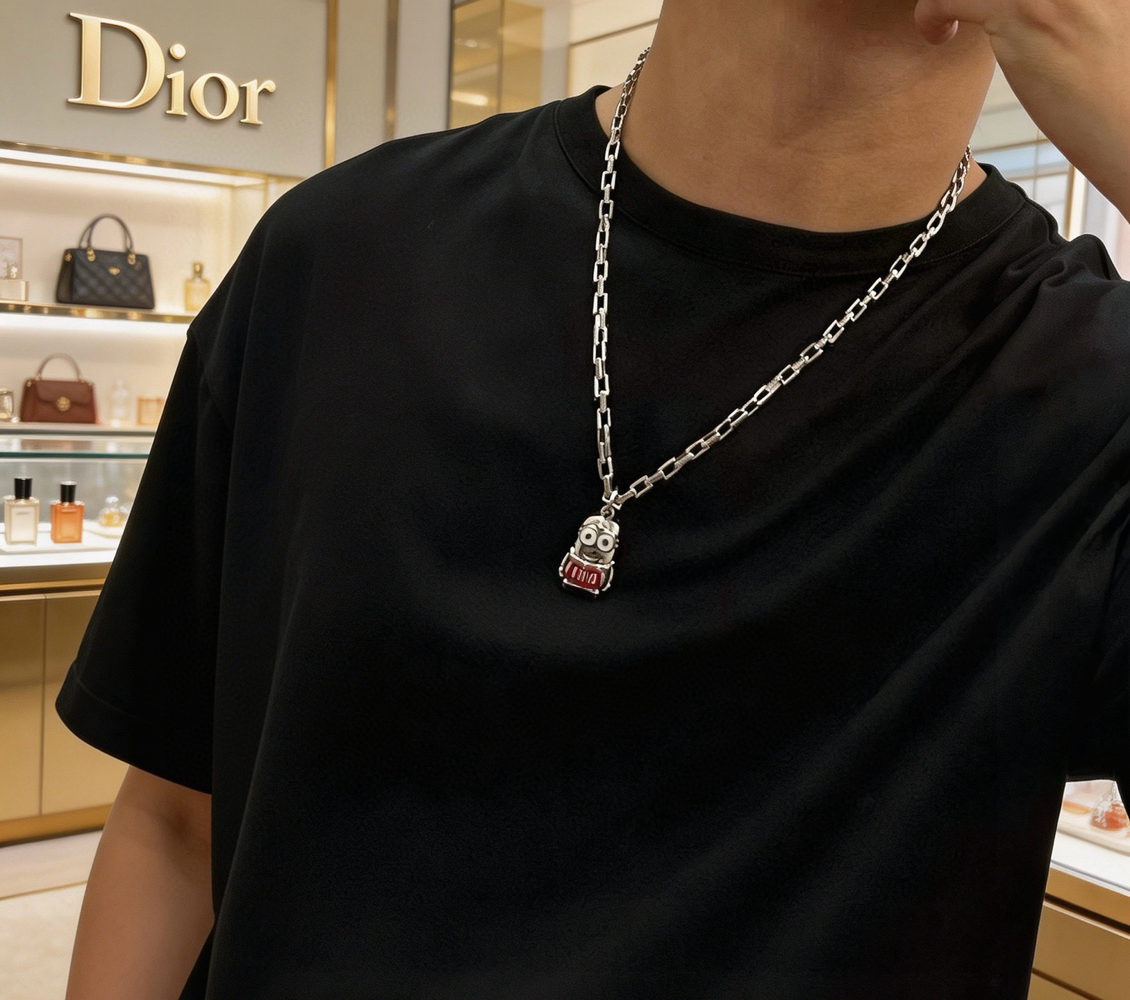 Dior Minions Collaboration Pendant Necklace necklace Silver-toned metal with red enamel and white enamel accents 60cm