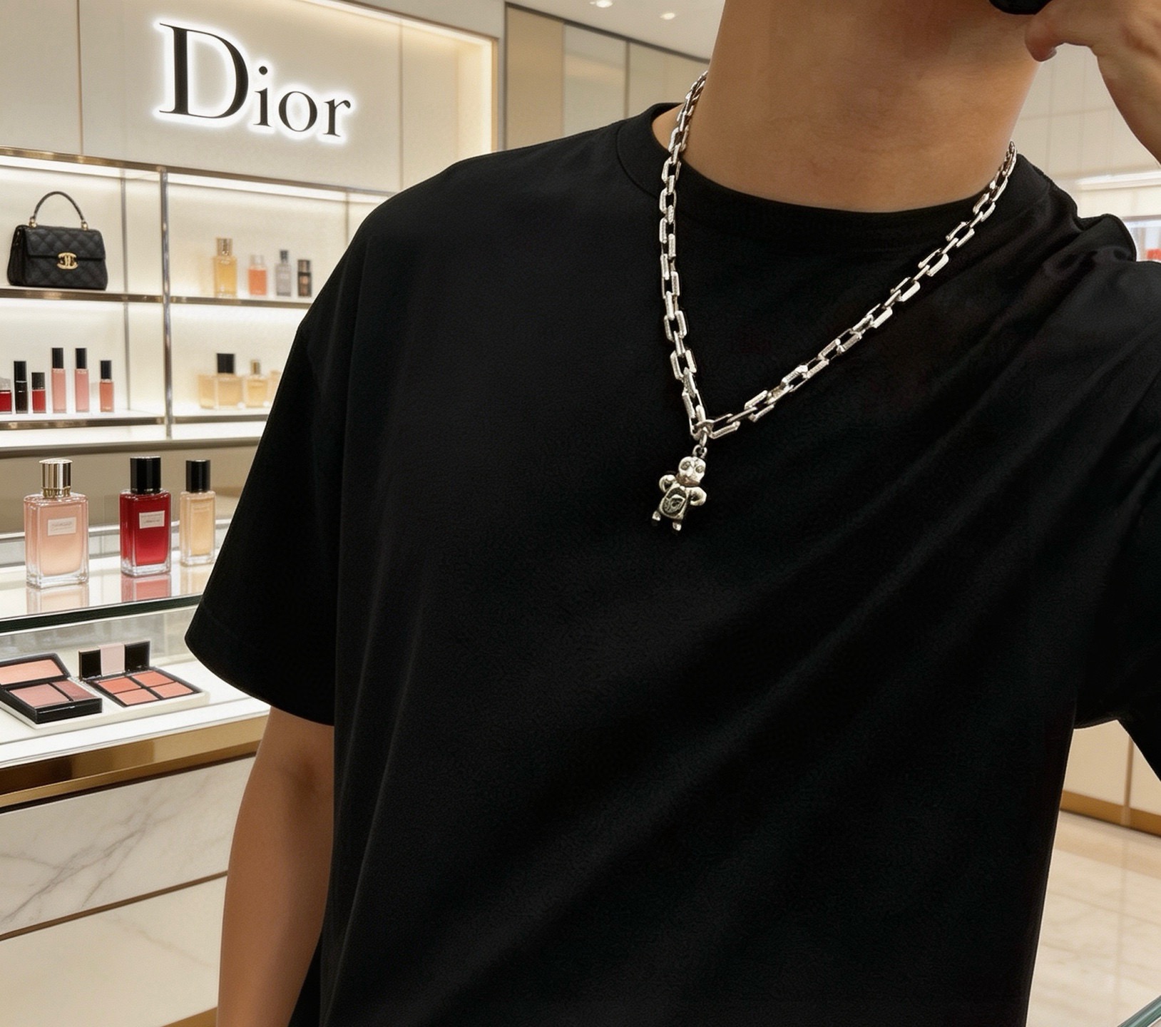 Dior Dior x Kenny Scharf Character Pendant Chain necklace Silver-toned metal with green enamel accent 60cm