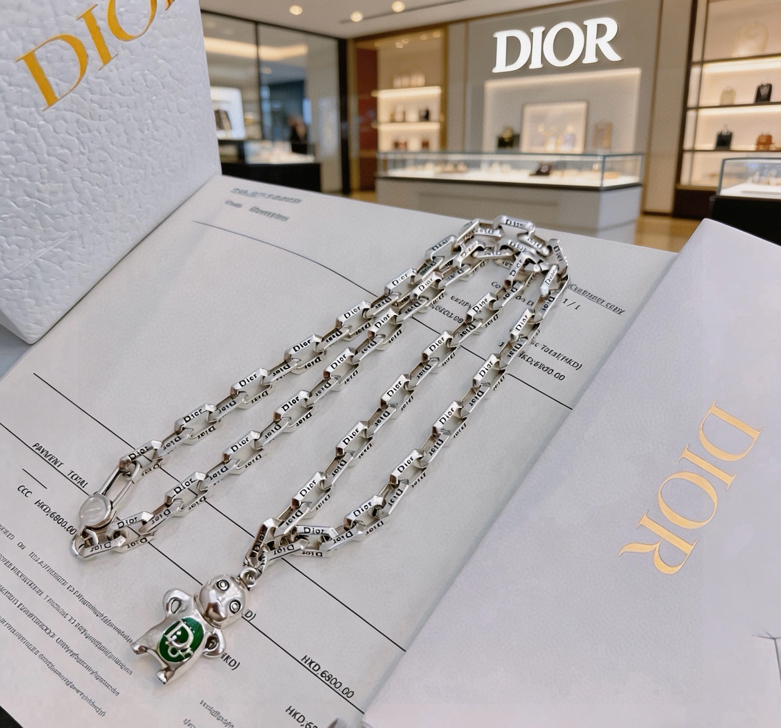 Dior Dior x Kenny Scharf Character Pendant Chain necklace Silver-toned metal with green enamel accent 60cm