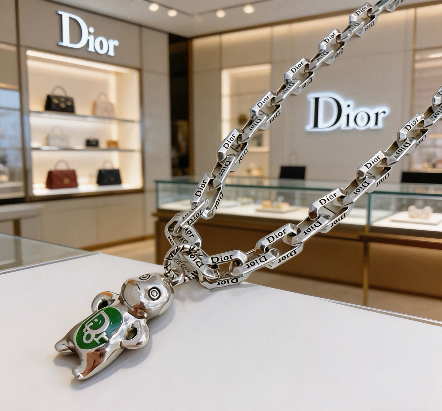 Dior Dior x Kenny Scharf Character Pendant Chain necklace Silver-toned metal with green enamel accent 60cm