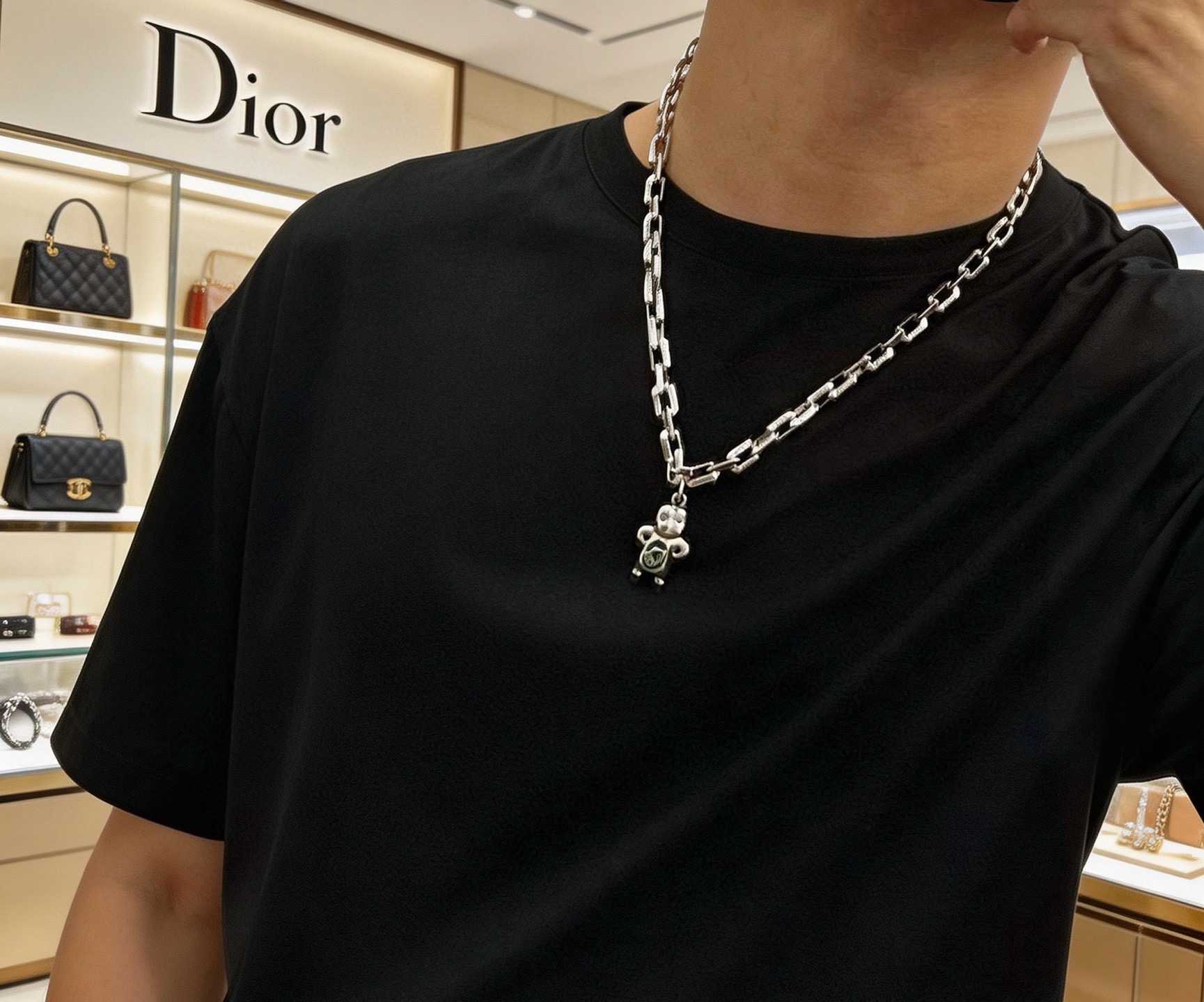 Dior Dior x Kenny Scharf Character Pendant Chain necklace Silver-toned metal with green enamel accent 60cm
