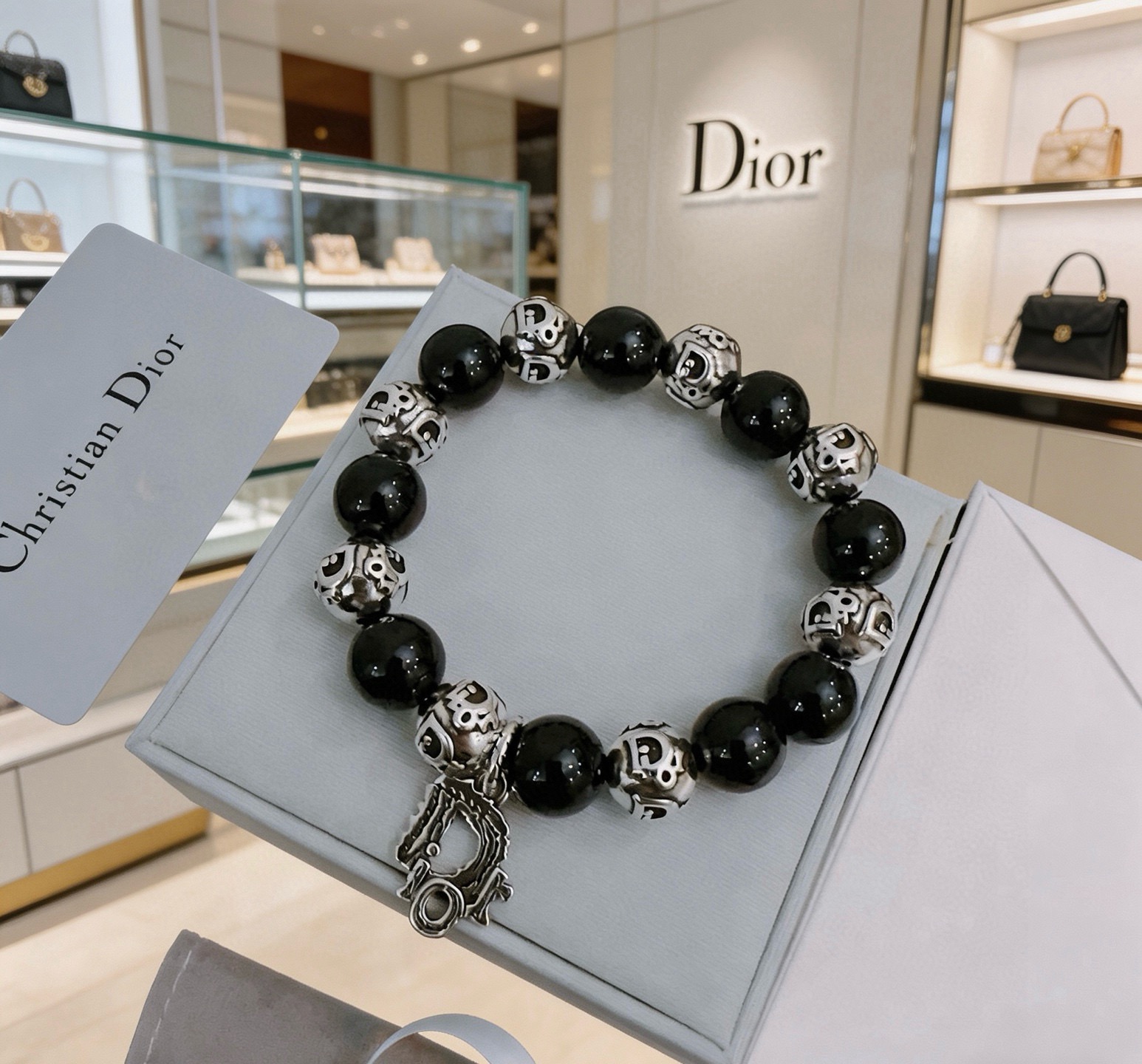Dior Dior Oblique Logo Beaded Charm Bracelet bracelet Silver-tone metal with black onyx-style beads 19cm