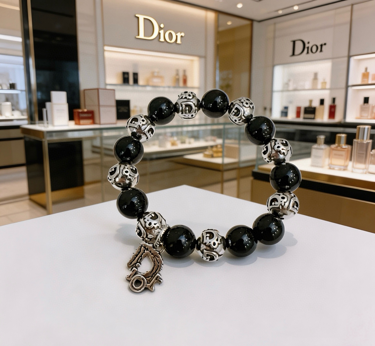 Dior Dior Oblique Logo Beaded Charm Bracelet bracelet Silver-tone metal with black onyx-style beads 19cm