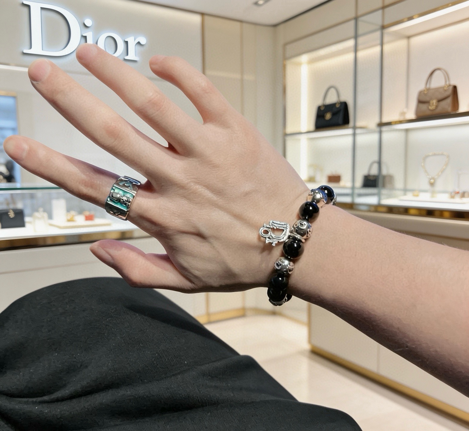 Dior Dior Oblique Logo Beaded Charm Bracelet bracelet Silver-tone metal with black onyx-style beads 19cm