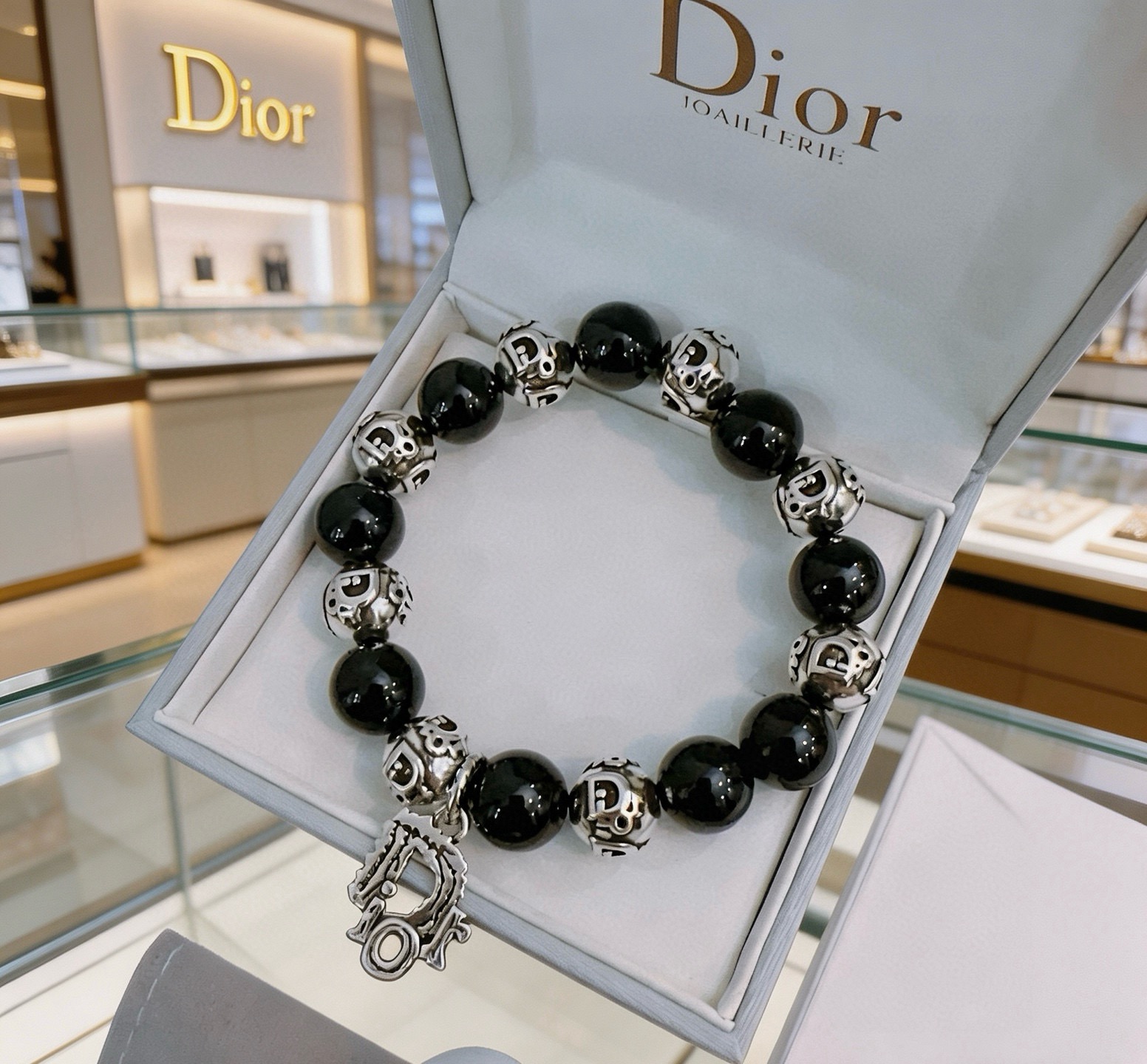 Dior Dior Oblique Logo Beaded Charm Bracelet bracelet Silver-tone metal with black onyx-style beads 19cm