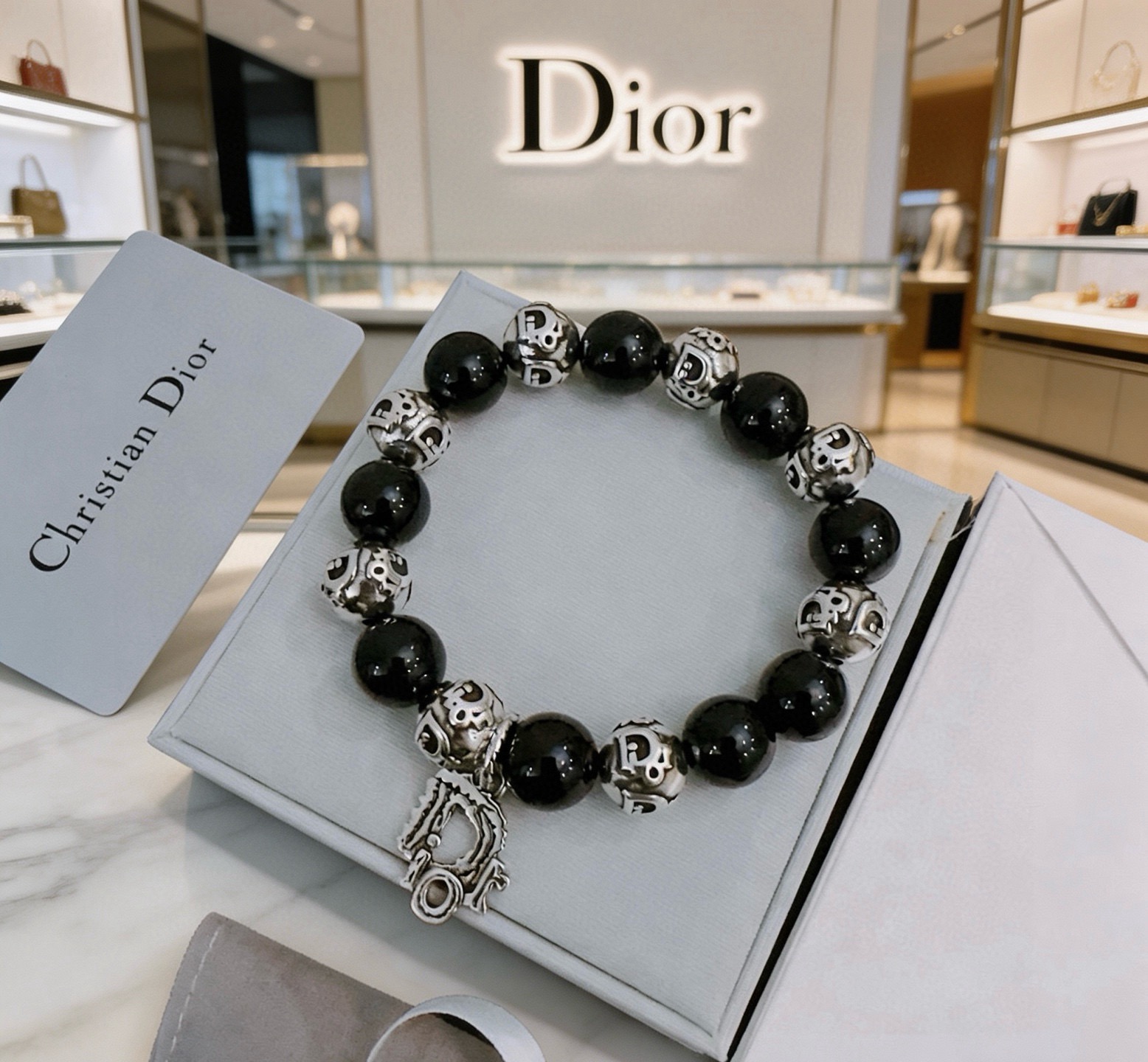 Dior Dior Oblique Logo Beaded Charm Bracelet bracelet Silver-tone metal with black onyx-style beads 19cm