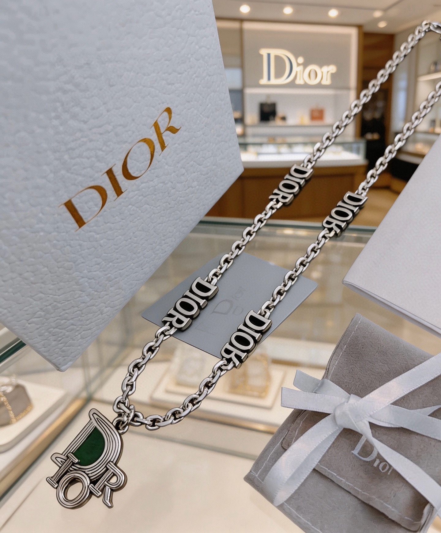 Dior Dior Logo Pendant Chain necklace Silver-toned metal with green stone inlay 60cm