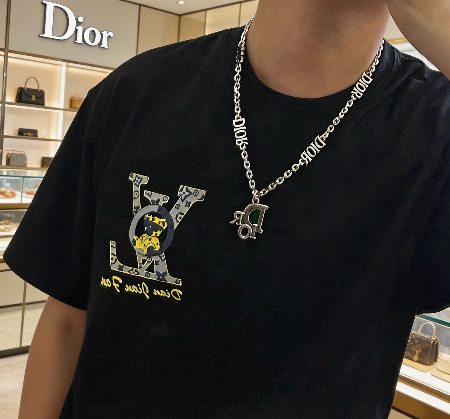 Dior Dior Logo Pendant Chain necklace Silver-toned metal with green stone inlay 60cm
