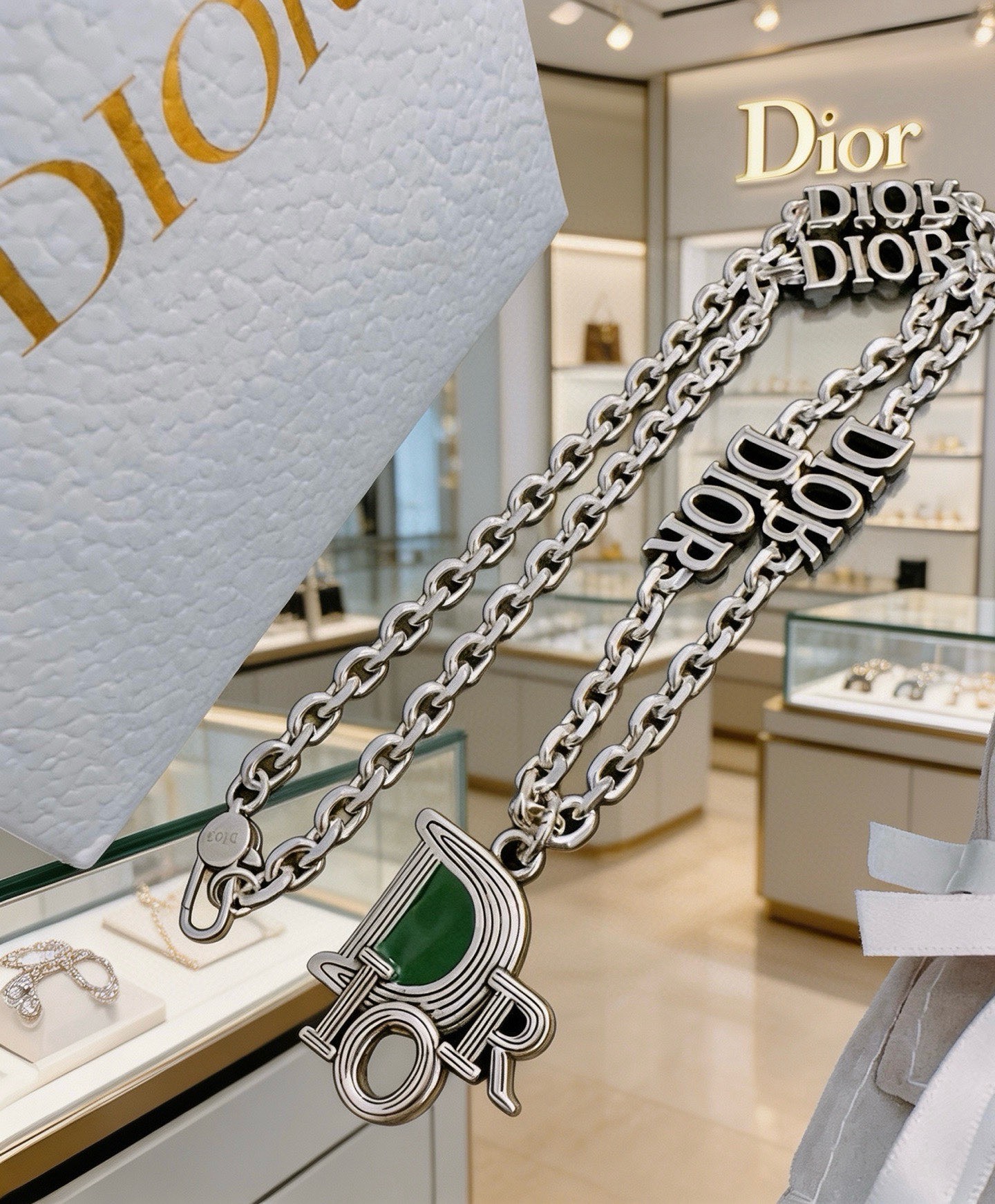 Dior Dior Logo Pendant Chain necklace Silver-toned metal with green stone inlay 60cm