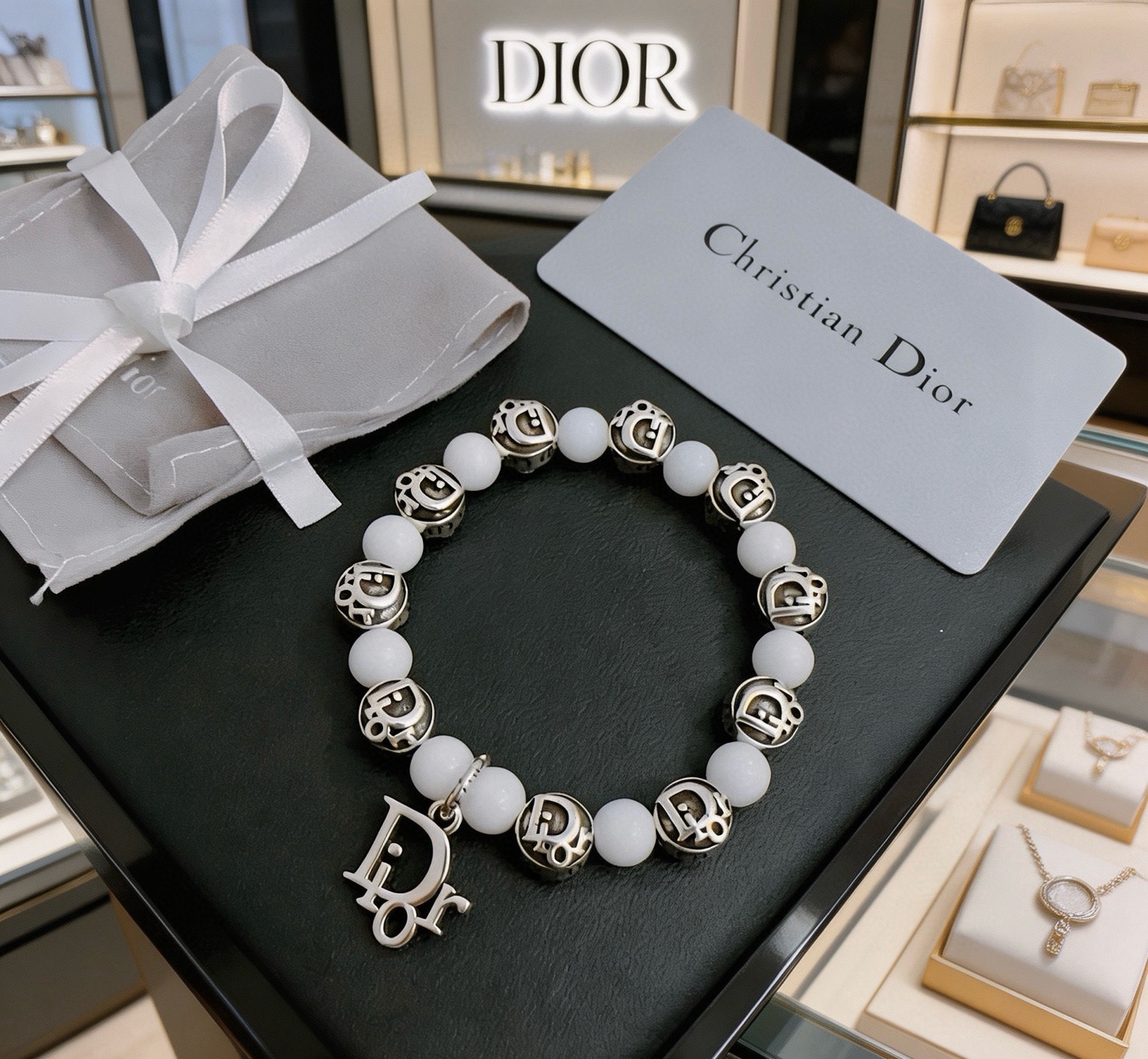 Dior Dior Logo Beaded Charm Bracelet bracelet Antique silver-tone metal with white opaque beads 18cm