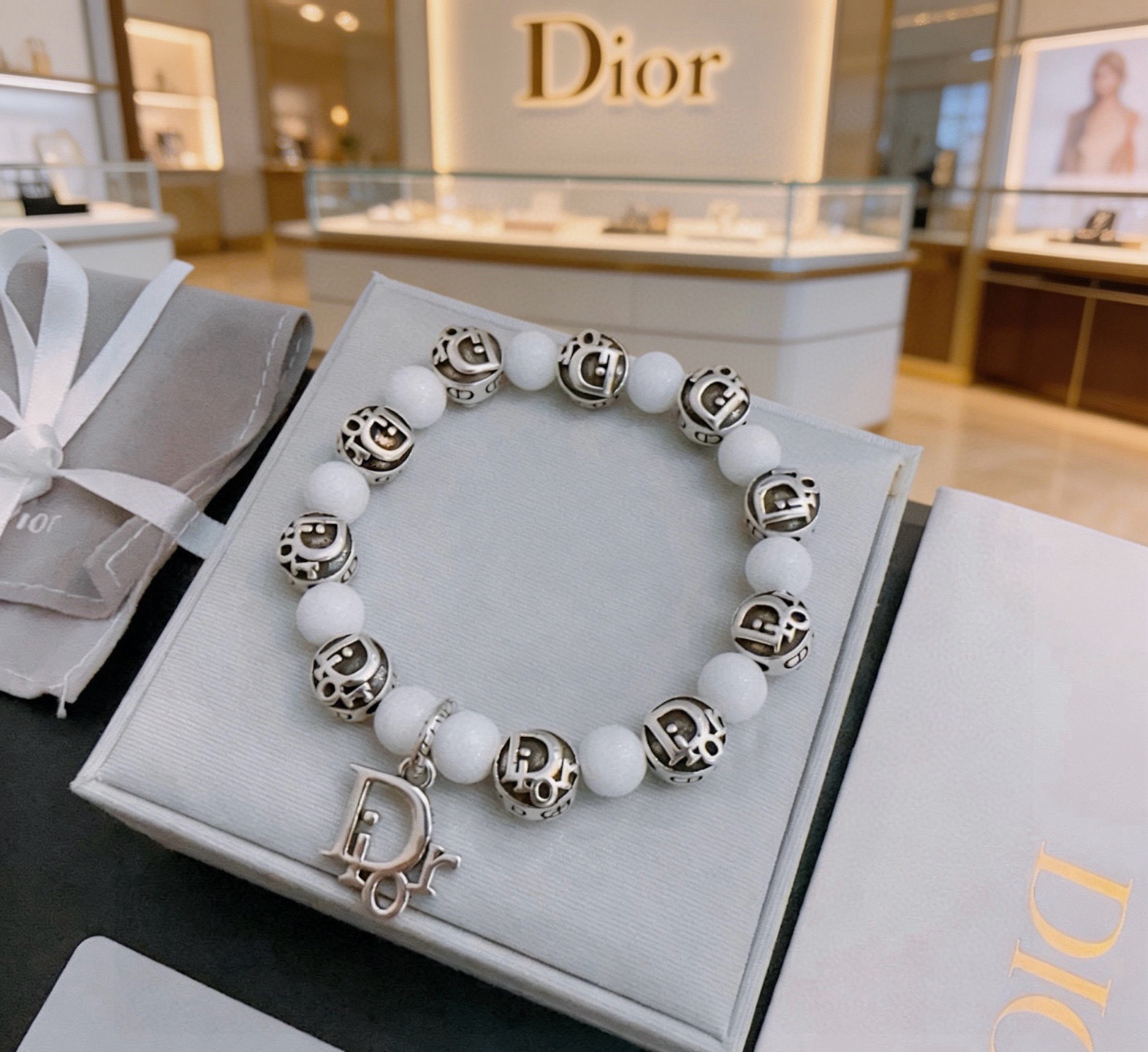 Dior Dior Logo Beaded Charm Bracelet bracelet Antique silver-tone metal with white opaque beads 18cm