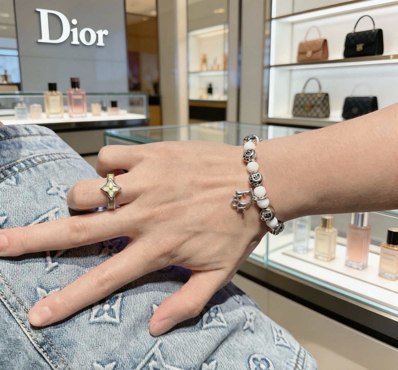 Dior Dior Logo Beaded Charm Bracelet bracelet Antique silver-tone metal with white opaque beads 18cm