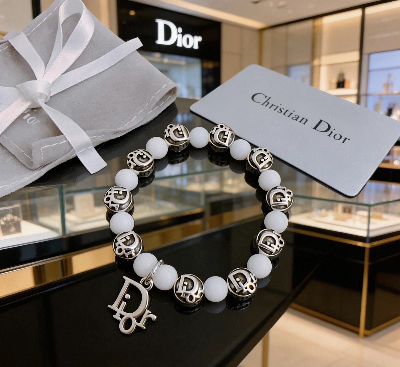 Dior Dior Logo Beaded Charm Bracelet bracelet Antique silver-tone metal with white opaque beads 18cm