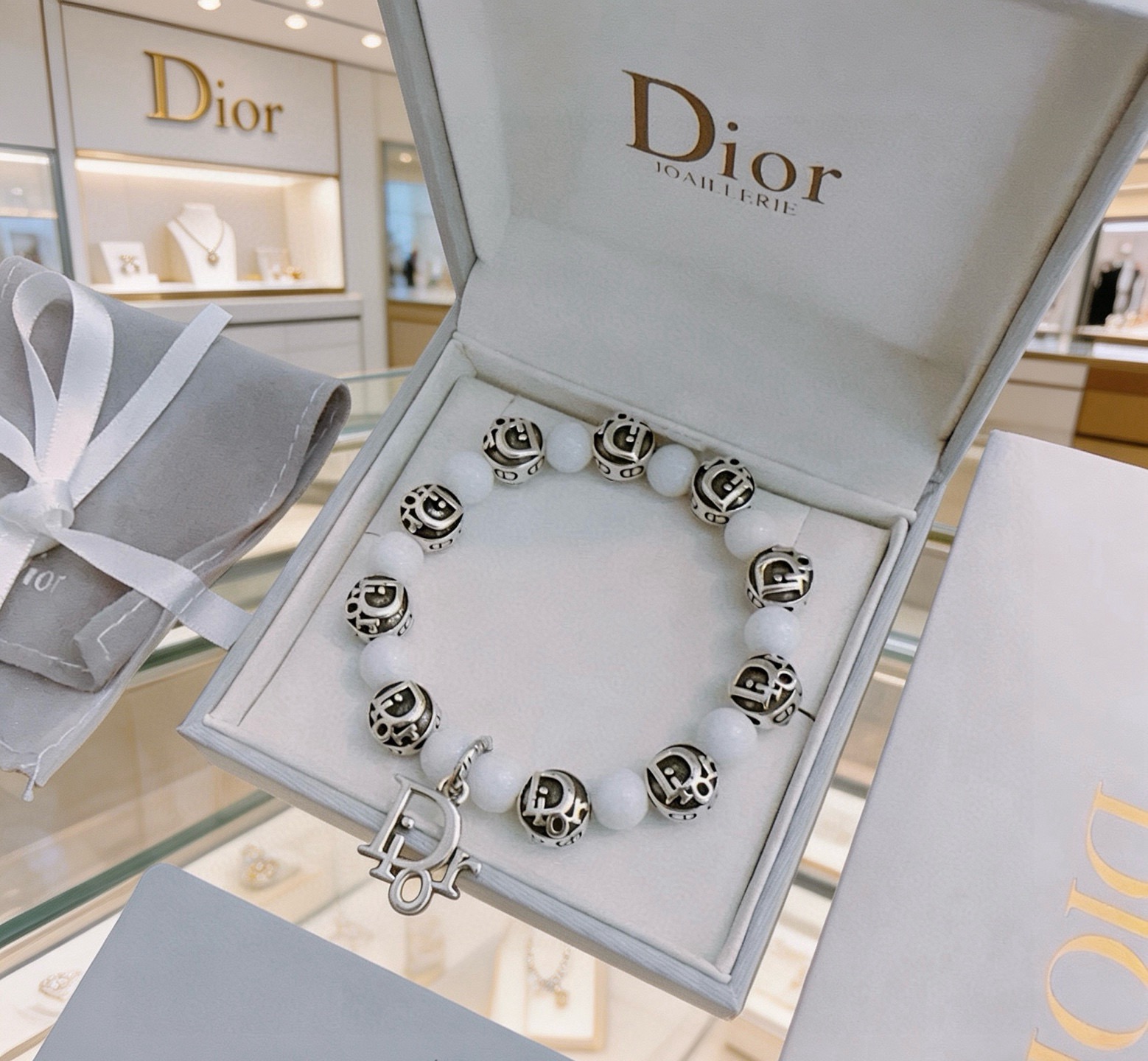 Dior Dior Logo Beaded Charm Bracelet bracelet Antique silver-tone metal with white opaque beads 18cm
