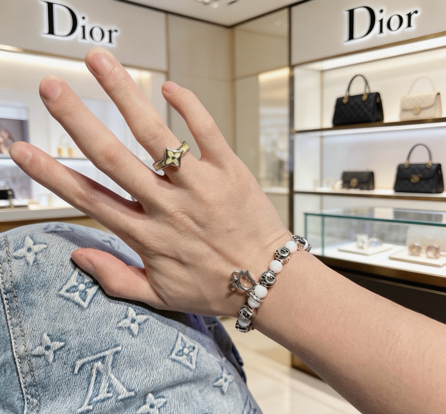Dior Dior Logo Beaded Charm Bracelet bracelet Antique silver-tone metal with white opaque beads 18cm