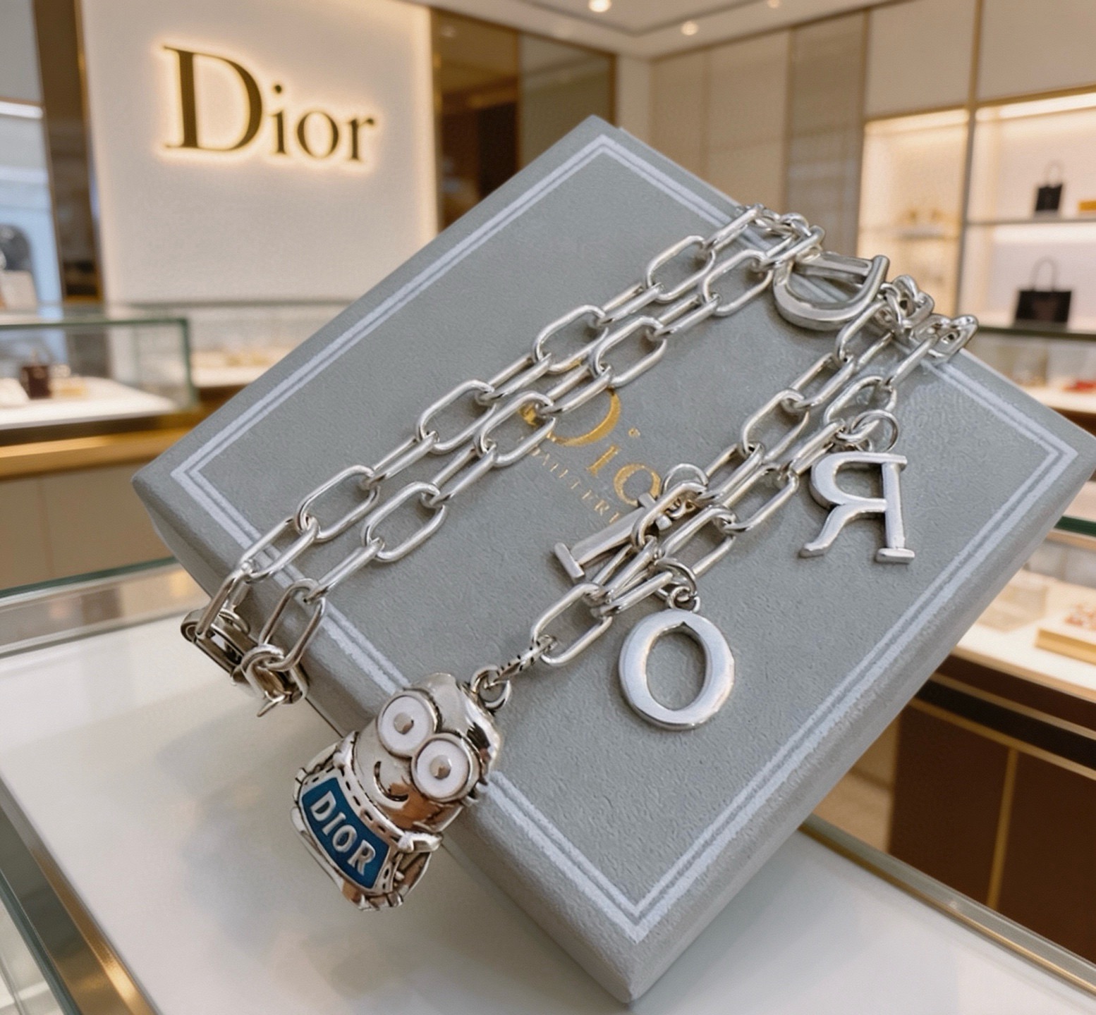 Dior Minions x Dior Sorayama Charm Chain necklace Silver-toned metal with blue enamel and white enamel accents 60cm