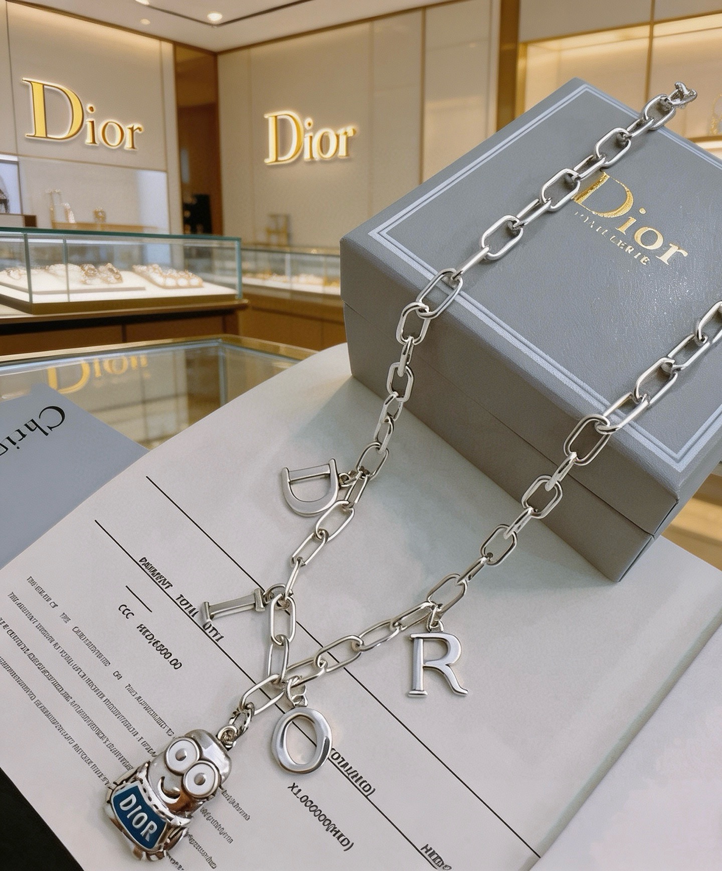 Dior Minions x Dior Sorayama Charm Chain necklace Silver-toned metal with blue enamel and white enamel accents 60cm