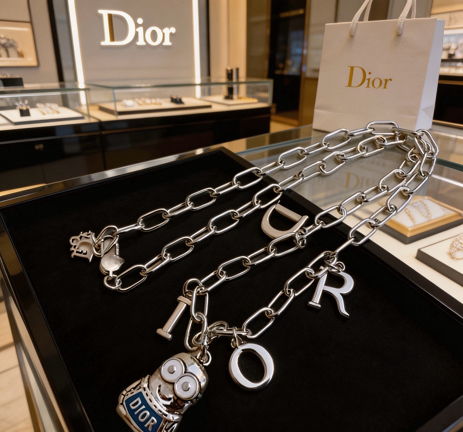 Dior Minions x Dior Sorayama Charm Chain necklace Silver-toned metal with blue enamel and white enamel accents 60cm