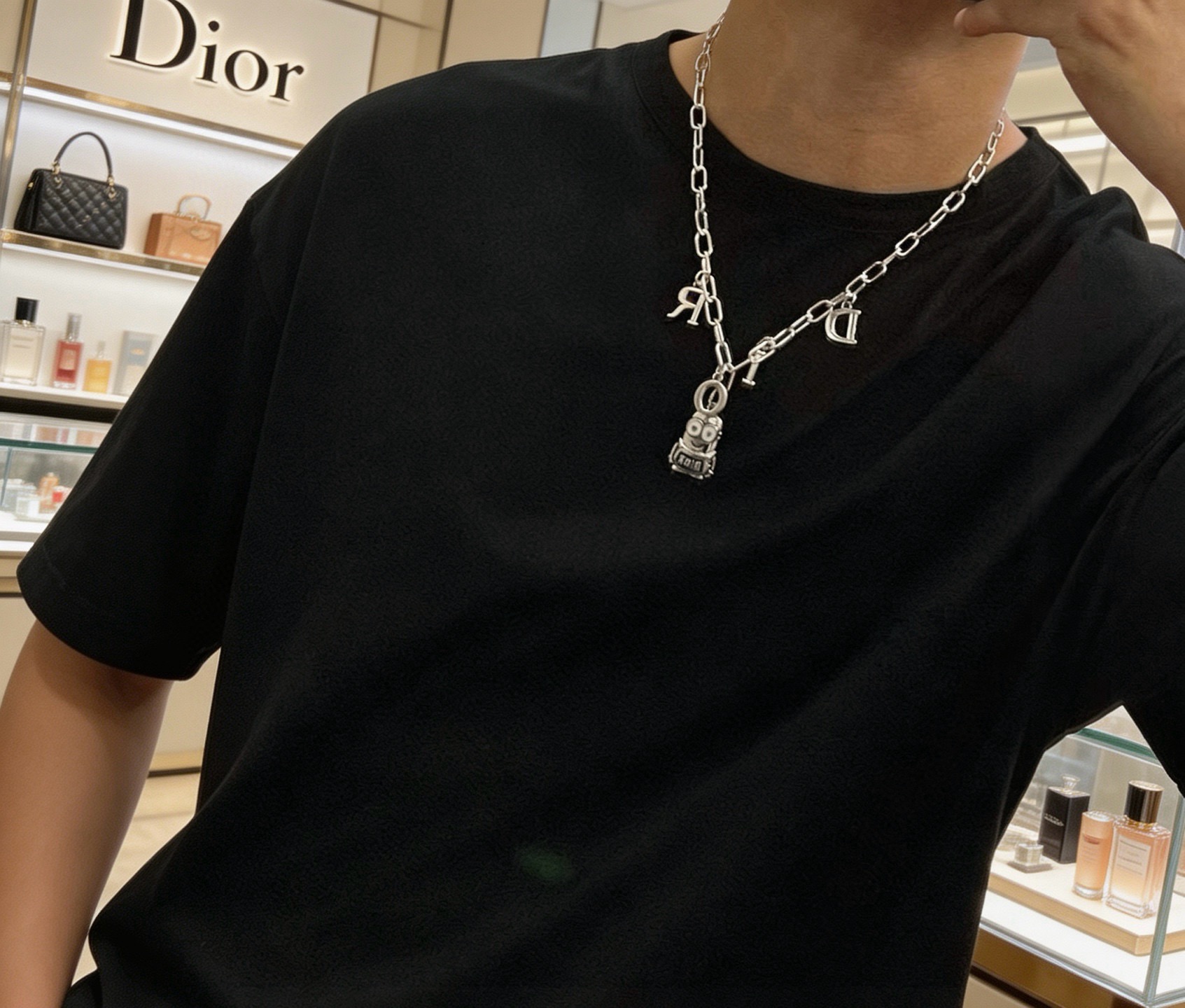 Dior Minions x Dior Sorayama Charm Chain necklace Silver-toned metal with blue enamel and white enamel accents 60cm