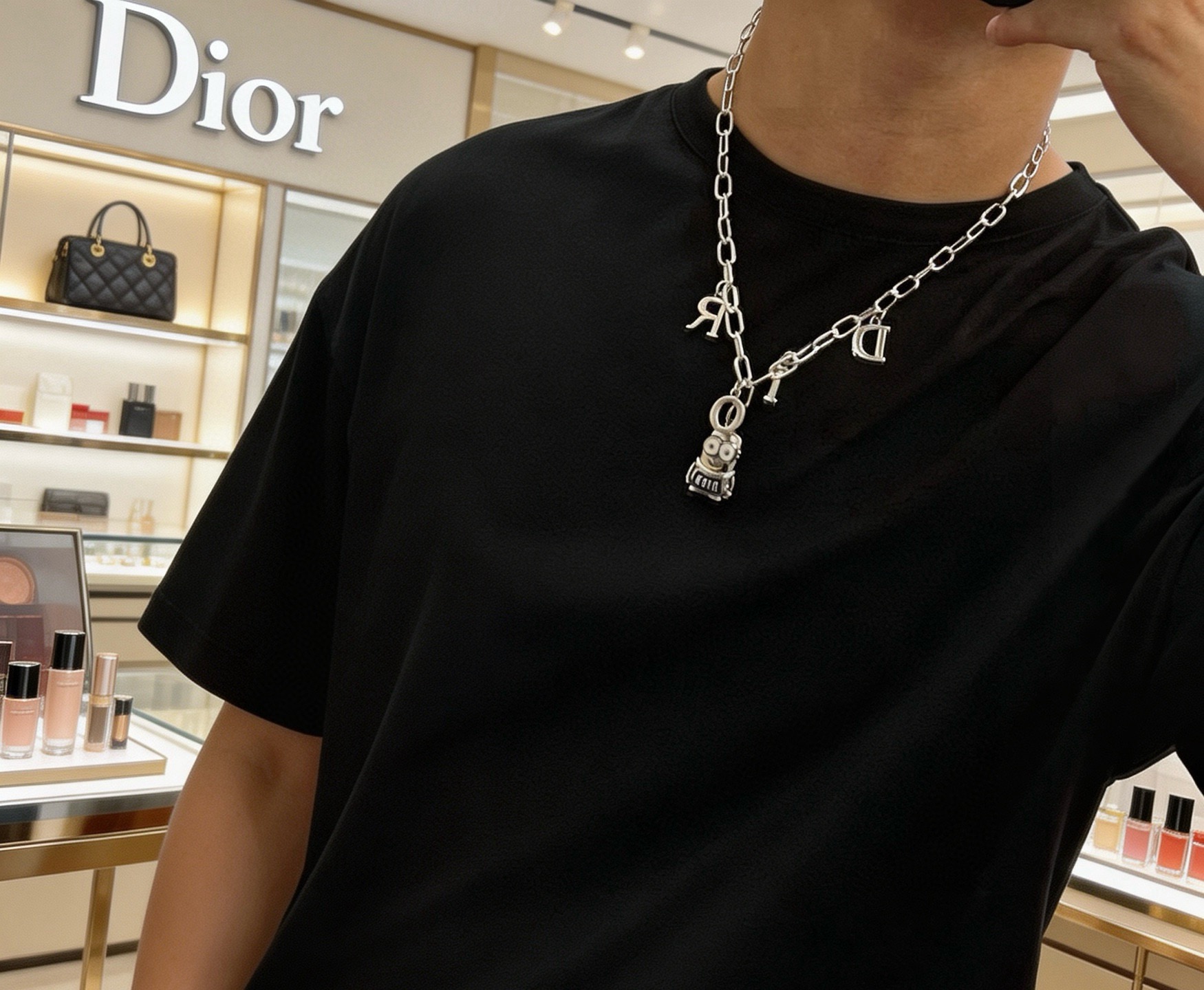 Dior Minions x Dior Sorayama Charm Chain necklace Silver-toned metal with blue enamel and white enamel accents 60cm