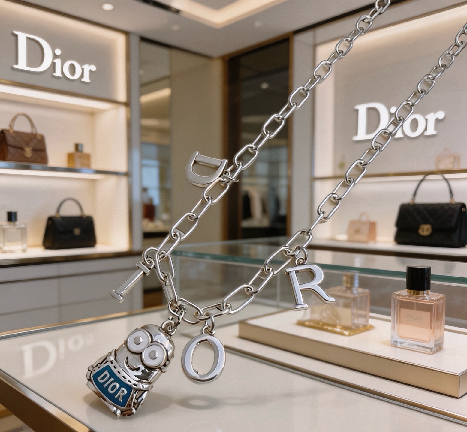 Dior Minions x Dior Sorayama Charm Chain necklace Silver-toned metal with blue enamel and white enamel accents 60cm