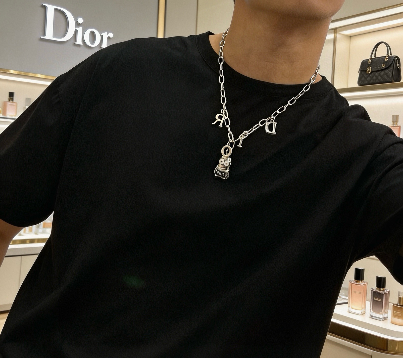 Dior Minions x Dior Sorayama Charm Chain necklace Silver-toned metal with blue enamel and white enamel accents 60cm