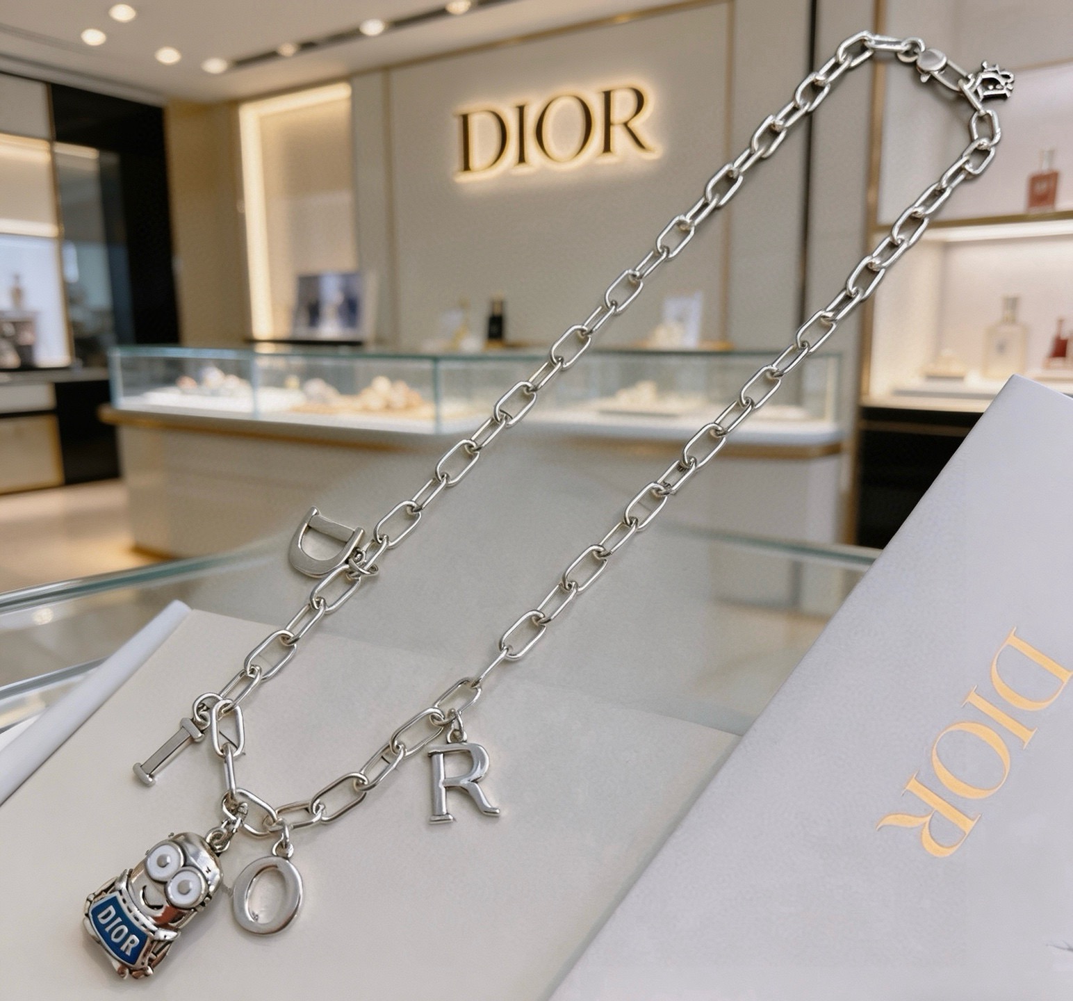 Dior Minions x Dior Sorayama Charm Chain necklace Silver-toned metal with blue enamel and white enamel accents 60cm
