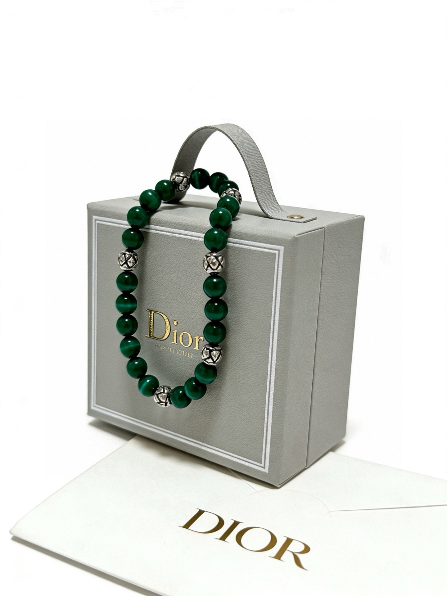 Dior Cannage Beaded Bracelet bracelet Silver-tone metal with dark green cat s eye beads 19cm