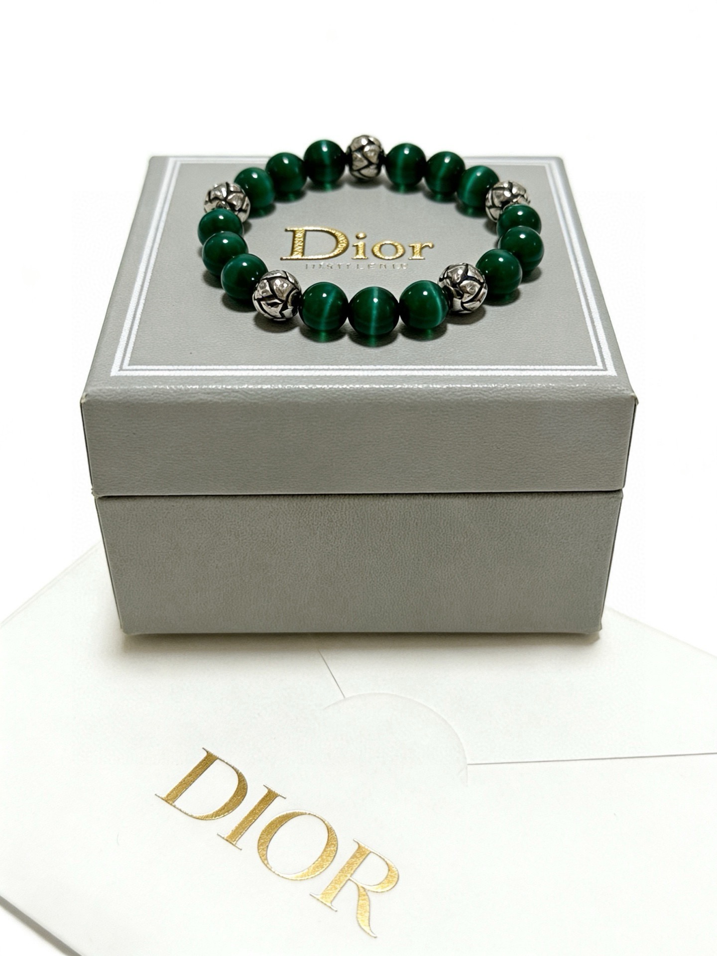 Dior Cannage Beaded Bracelet bracelet Silver-tone metal with dark green cat s eye beads 19cm