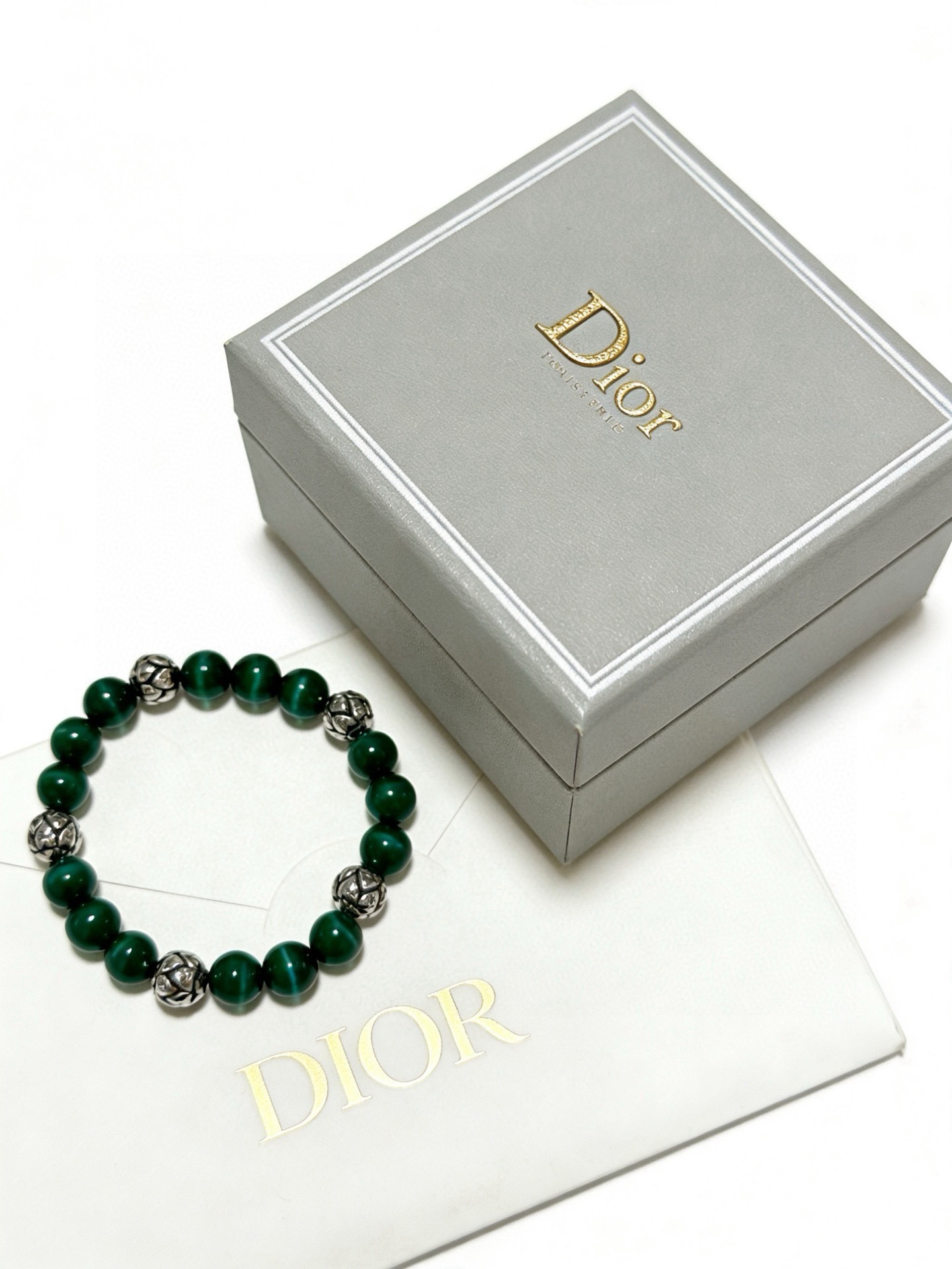 Dior Cannage Beaded Bracelet bracelet Silver-tone metal with dark green cat s eye beads 19cm