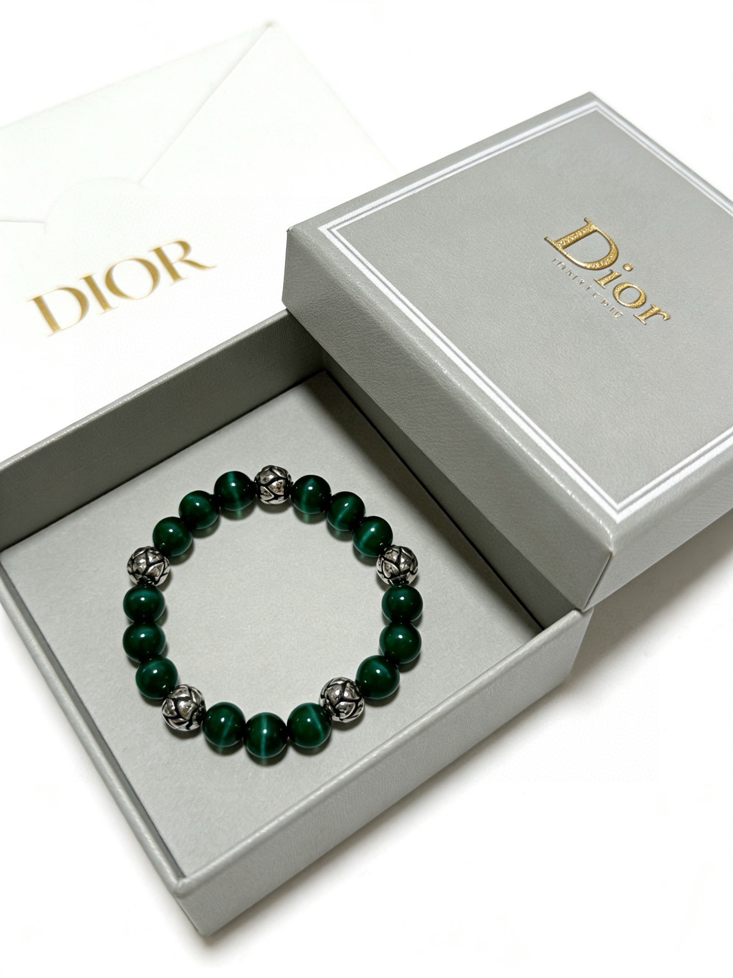 Dior Cannage Beaded Bracelet bracelet Silver-tone metal with dark green cat s eye beads 19cm