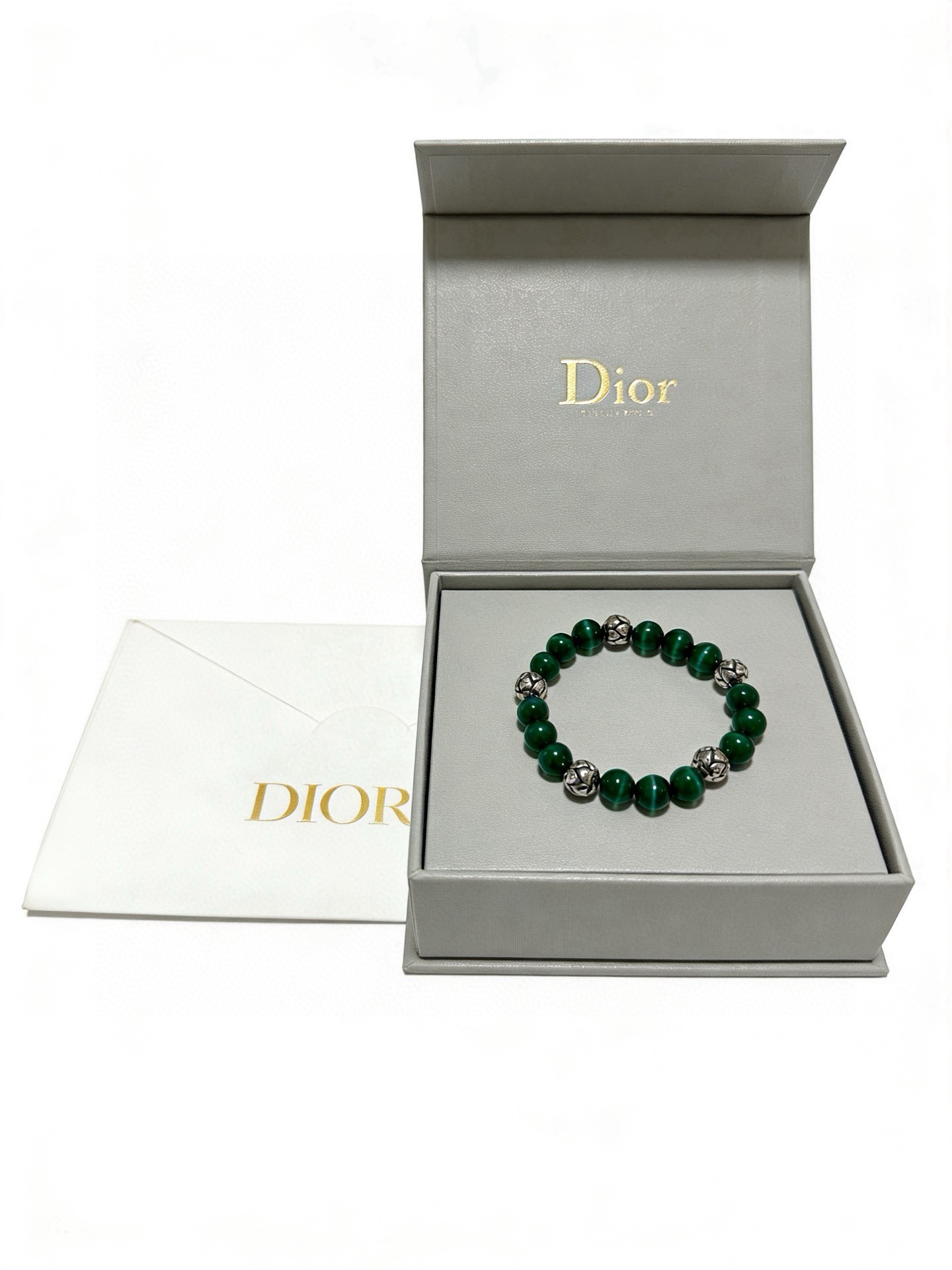 Dior Cannage Beaded Bracelet bracelet Silver-tone metal with dark green cat s eye beads 19cm