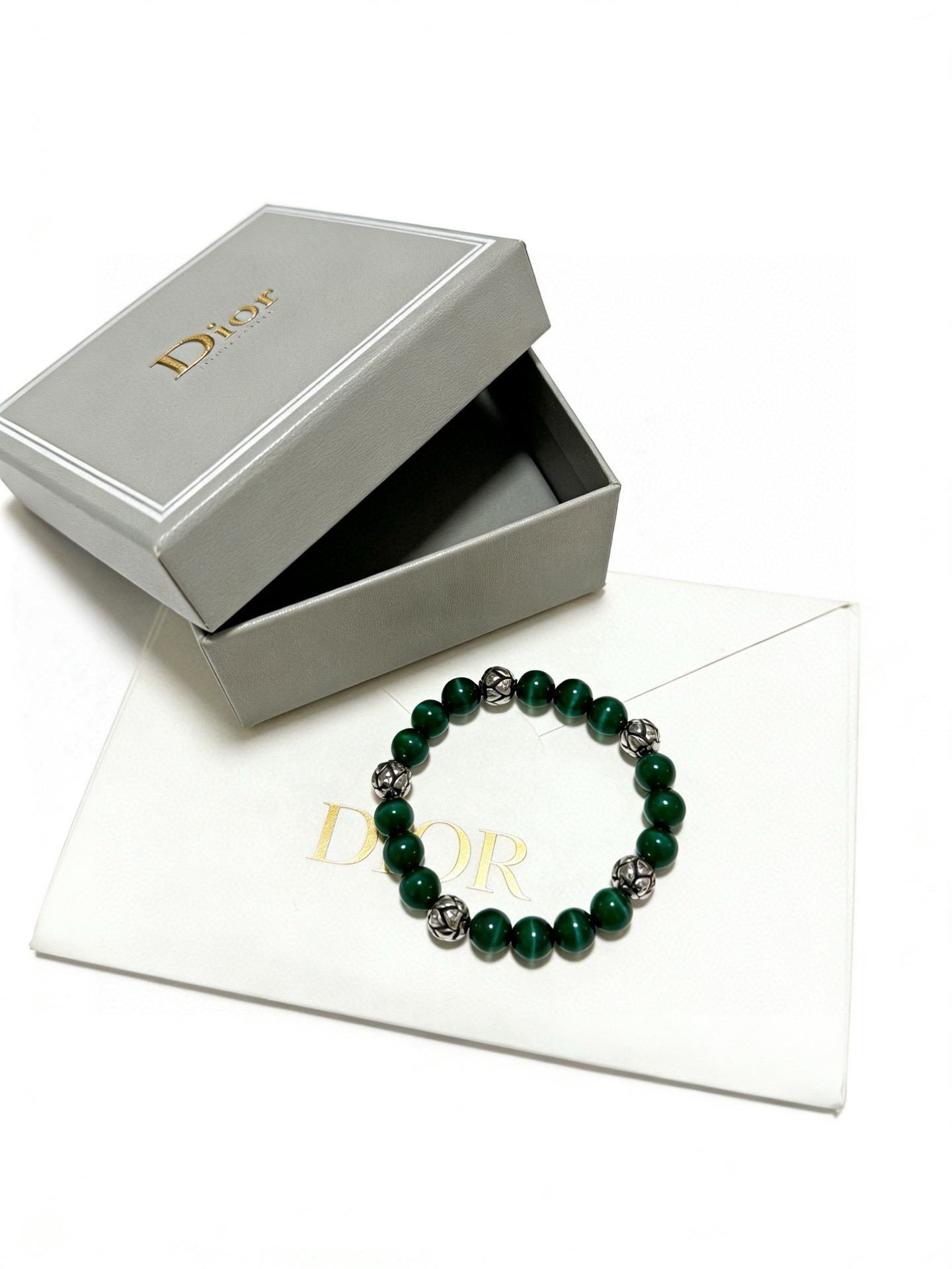 Dior Cannage Beaded Bracelet bracelet Silver-tone metal with dark green cat s eye beads 19cm