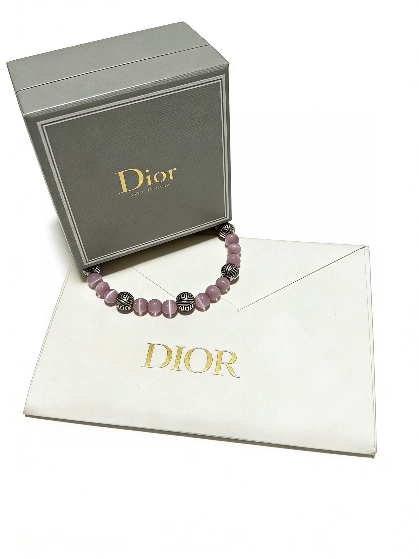 Dior Monogram Beaded Bracelet bracelet Antique silver-tone metal light lavender cat s eye stone 18cm