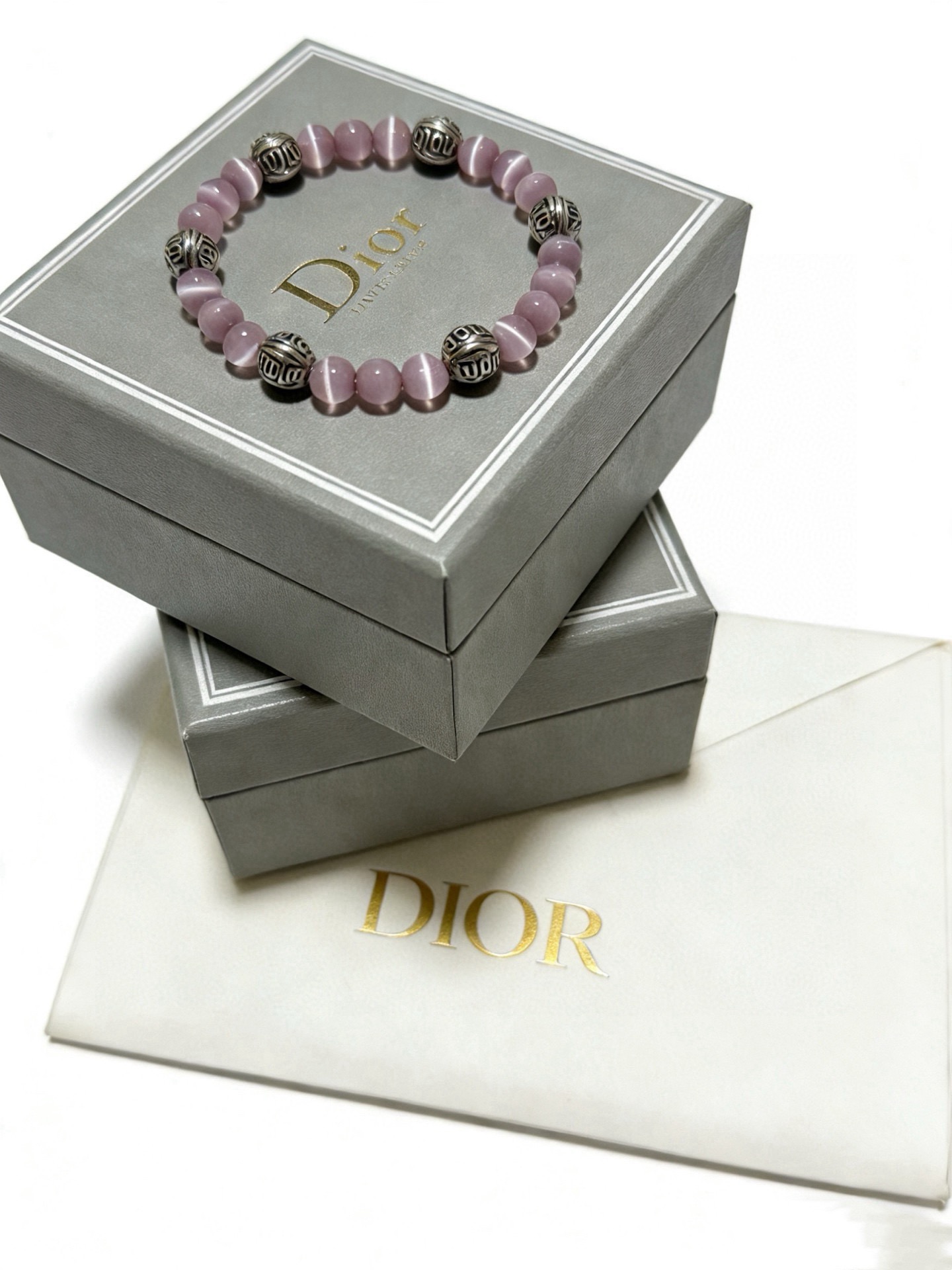 Dior Monogram Beaded Bracelet bracelet Antique silver-tone metal light lavender cat s eye stone 18cm