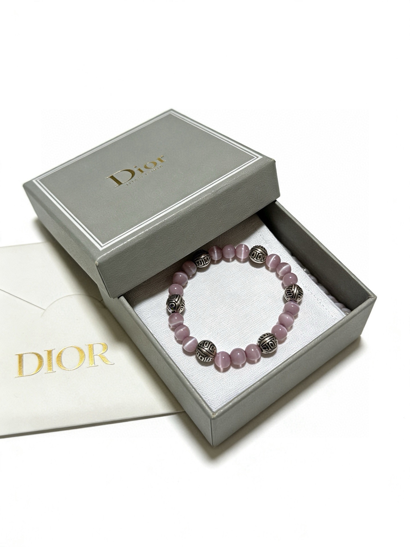 Dior Monogram Beaded Bracelet bracelet Antique silver-tone metal light lavender cat s eye stone 18cm