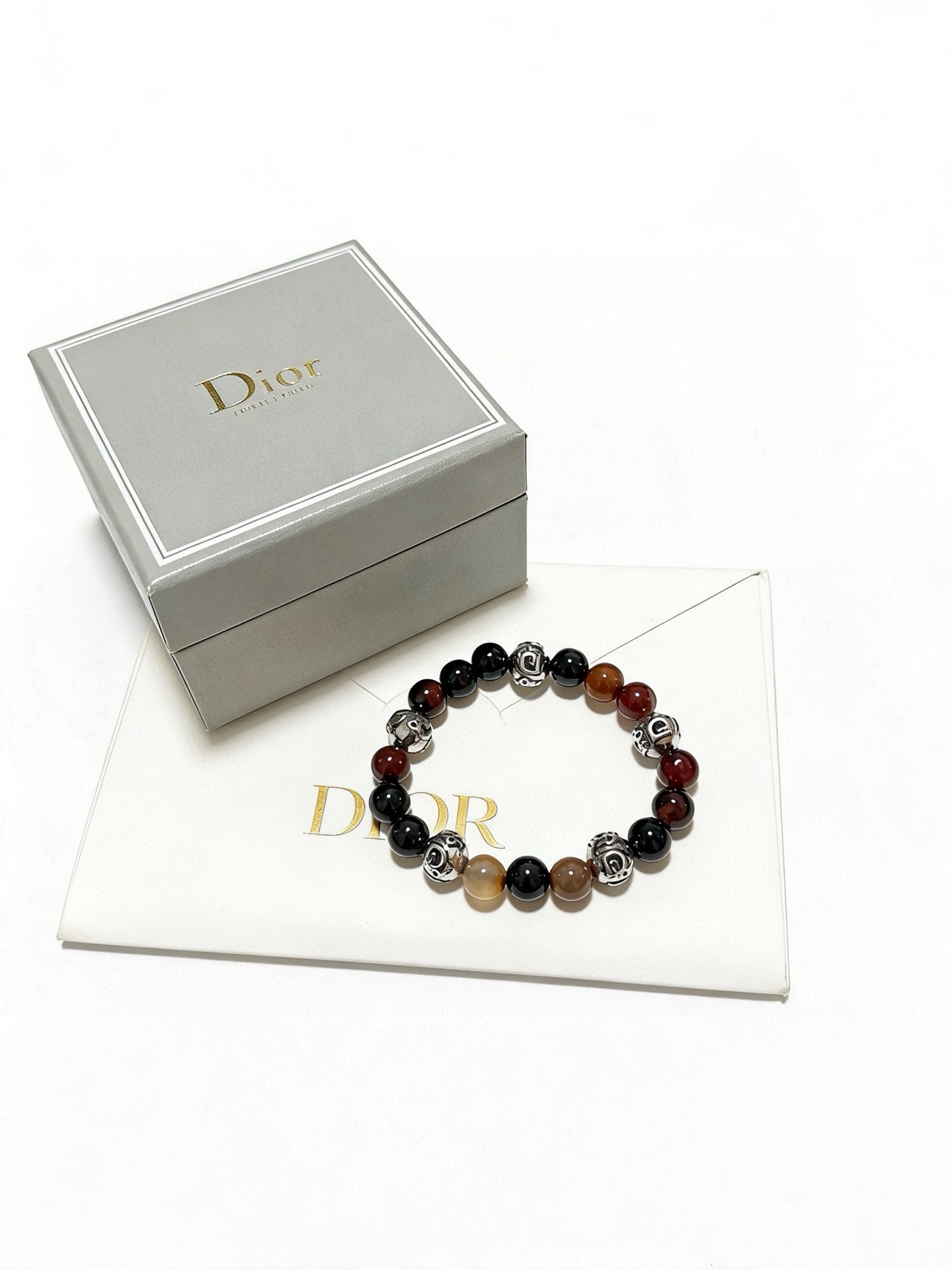 Dior Dior Oblique Beaded Bracelet bracelet Silver-tone metal with black onyx red tiger s eye brown agate and peach carnelian beads 19cm
