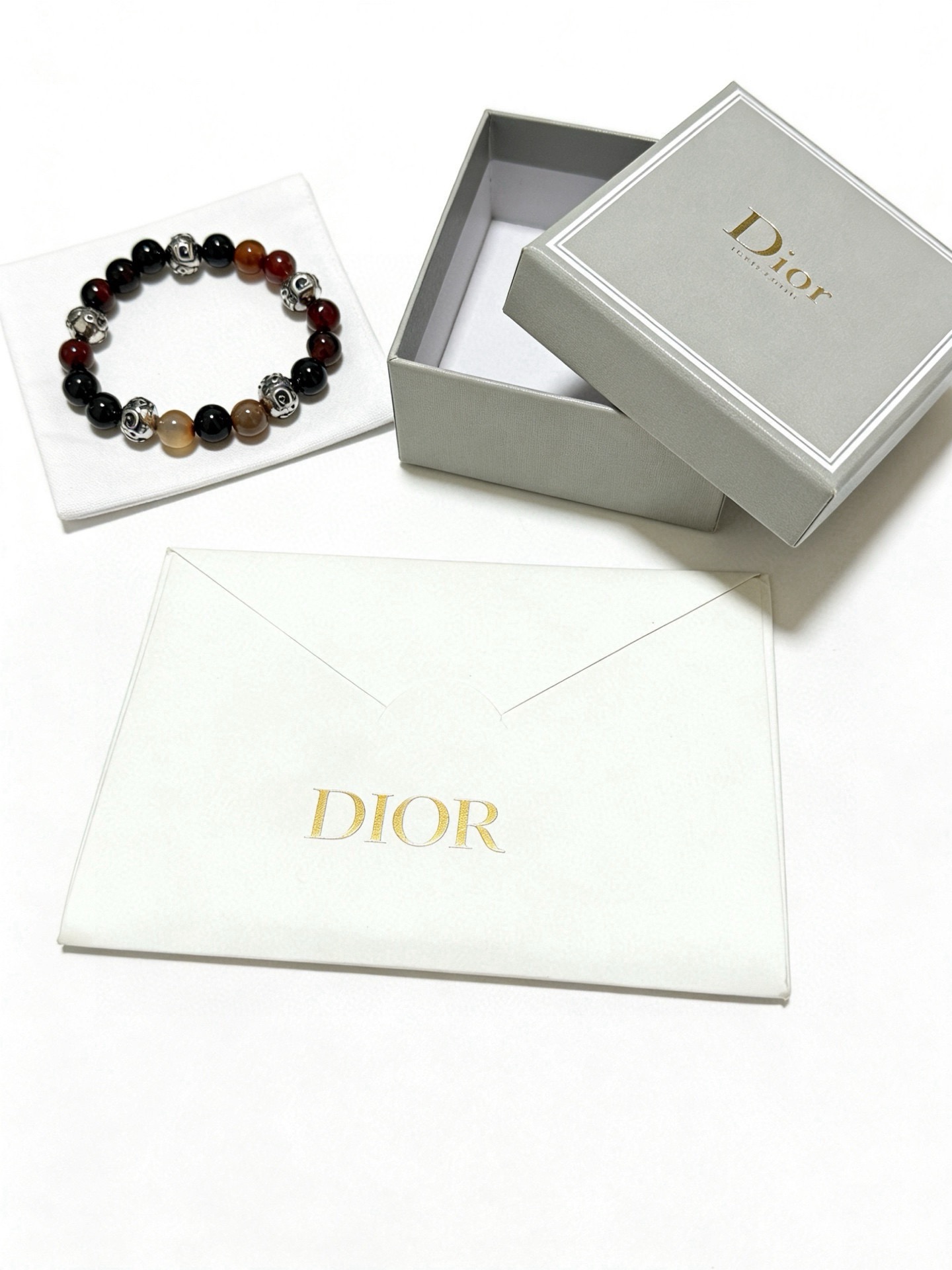 Dior Dior Oblique Beaded Bracelet bracelet Silver-tone metal with black onyx red tiger s eye brown agate and peach carnelian beads 19cm