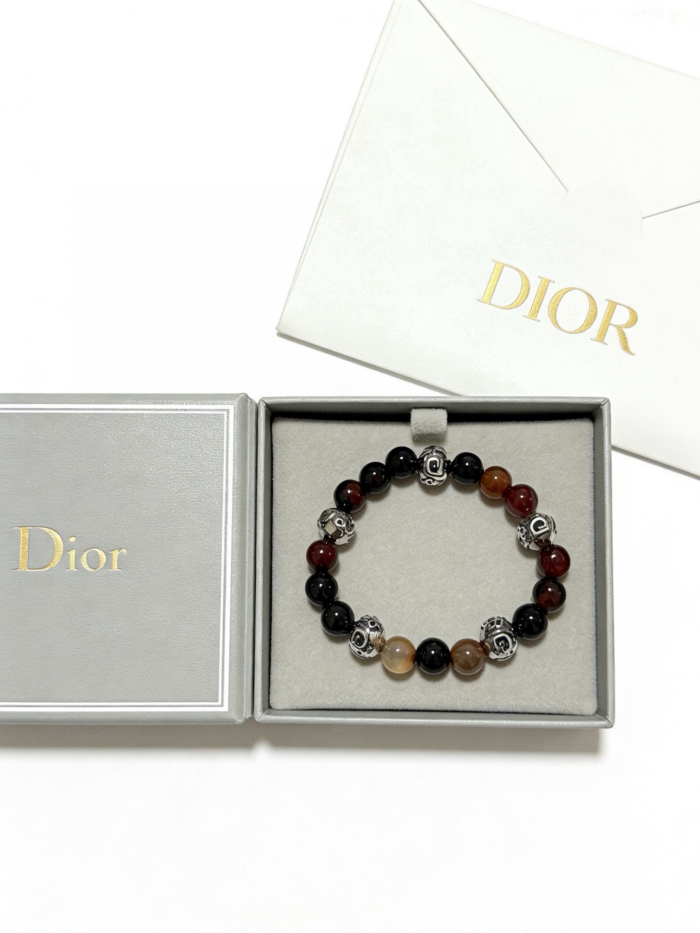 Dior Dior Oblique Beaded Bracelet bracelet Silver-tone metal with black onyx red tiger s eye brown agate and peach carnelian beads 19cm