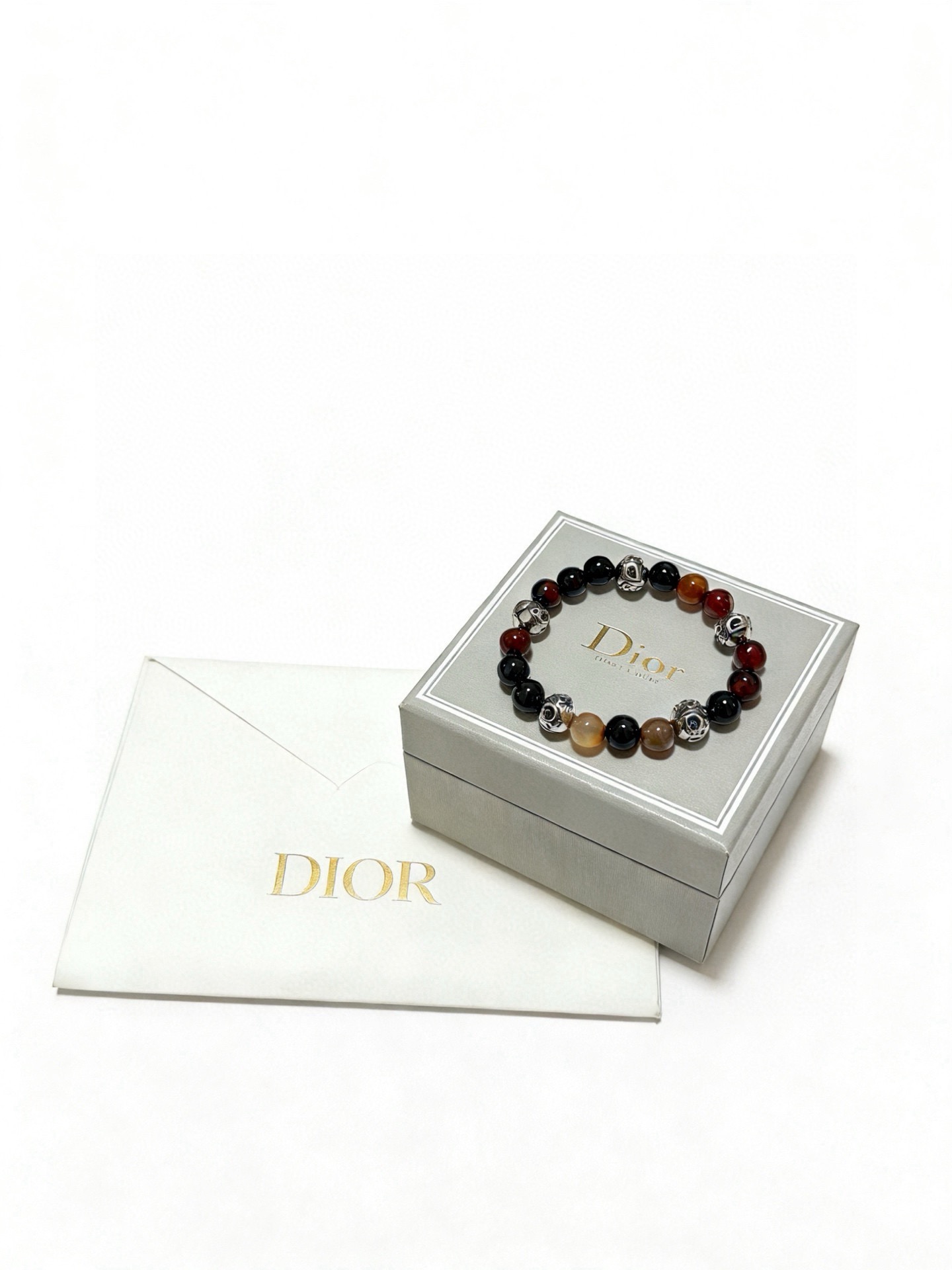 Dior Dior Oblique Beaded Bracelet bracelet Silver-tone metal with black onyx red tiger s eye brown agate and peach carnelian beads 19cm