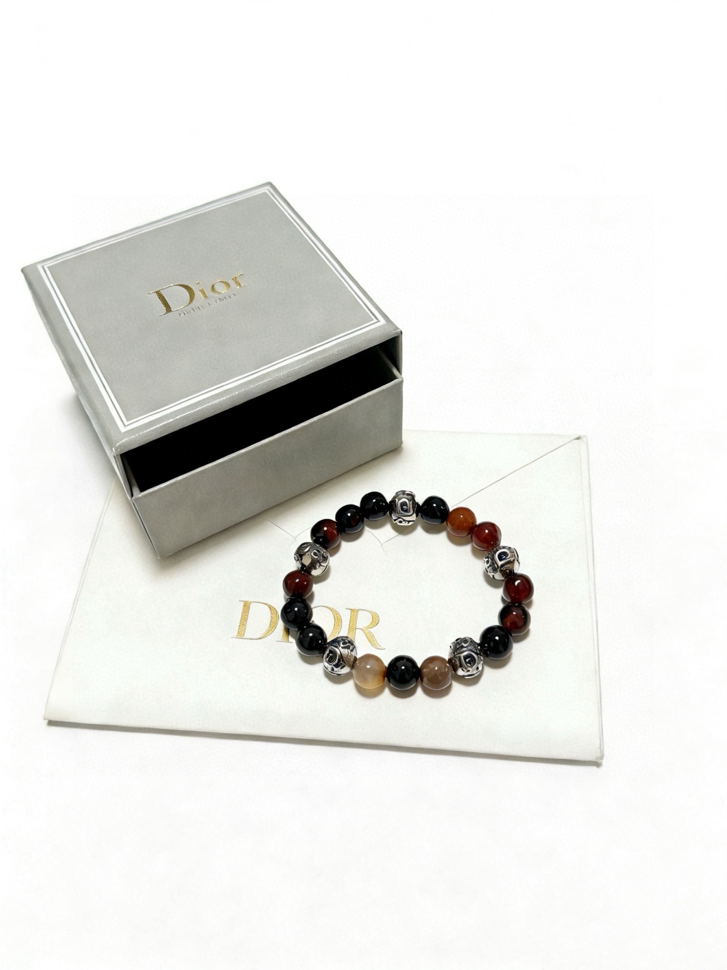 Dior Dior Oblique Beaded Bracelet bracelet Silver-tone metal with black onyx red tiger s eye brown agate and peach carnelian beads 19cm