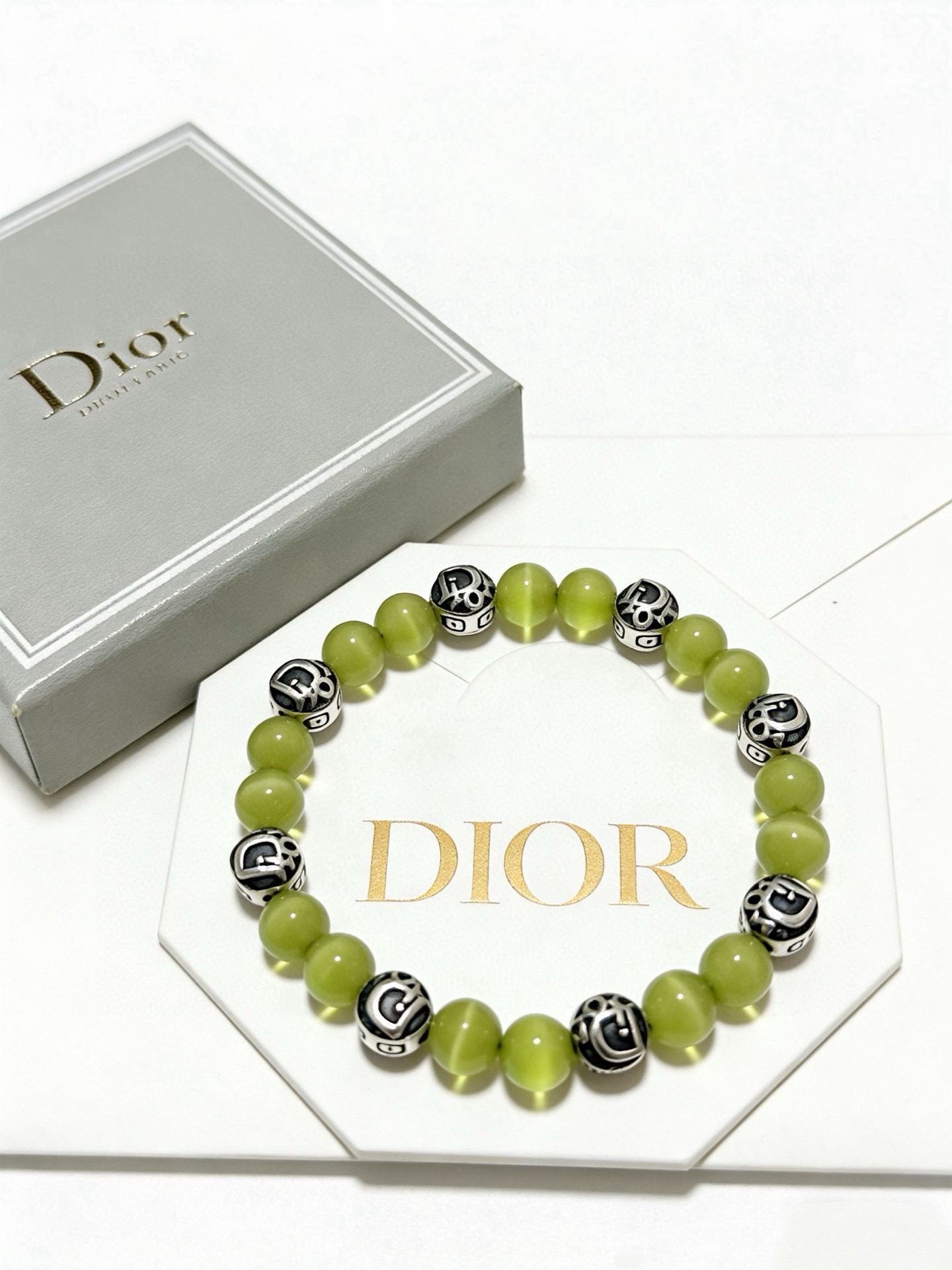 Dior Dior Oblique Logo Beaded Bracelet bracelet Antique silver-tone metal with black enamel accents light lime green cat s eye beads 19cm
